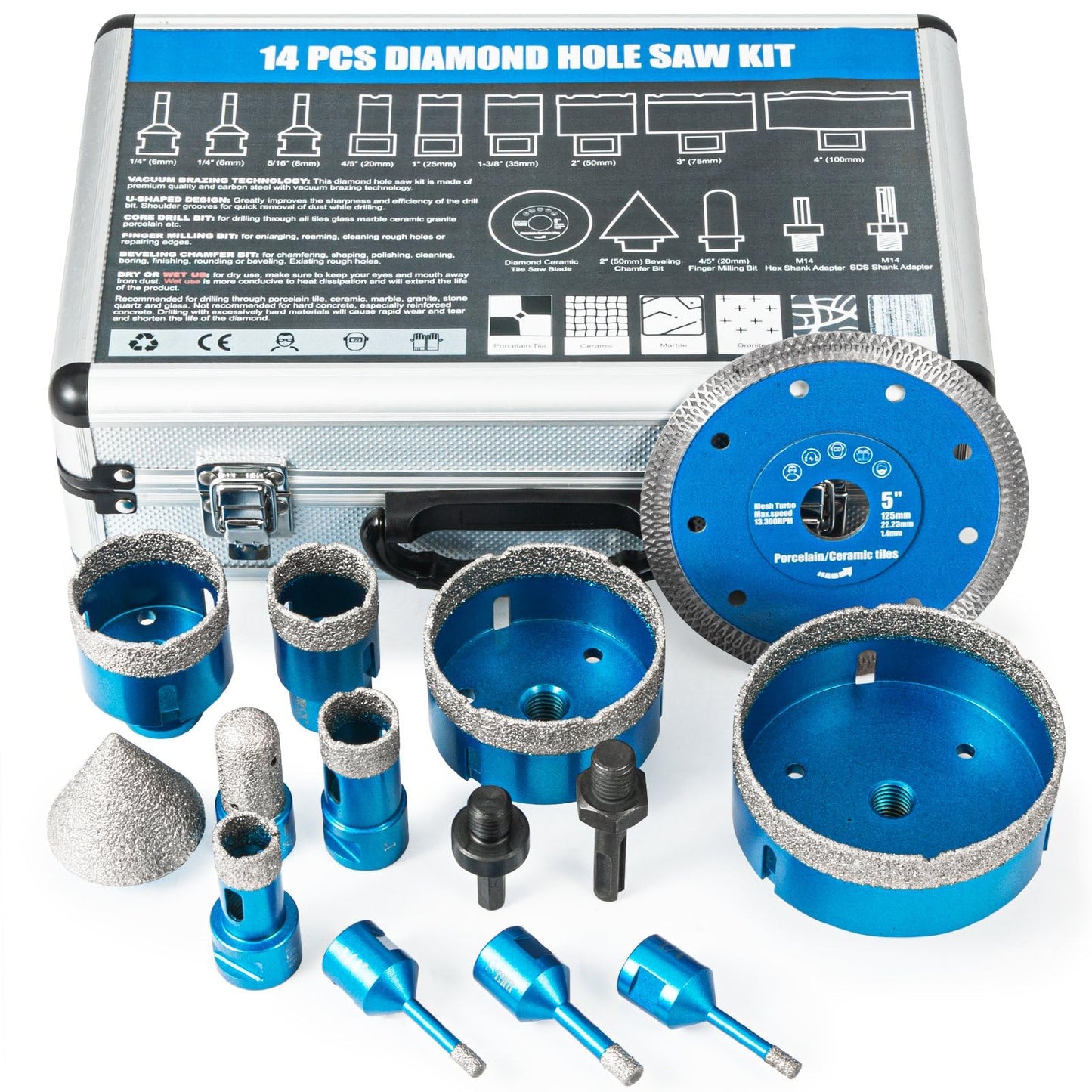 Diamond Tile Hole Saw Kit - 14 PCS Set Including 6/6/8/20/25/35/50/75/100mm Drill Bits, 20mm Finger Bit, 50mm Beveling Chamfer Bit, and 5" Diamond Blades for Tile, Ceramic, Porcelain, and Marble