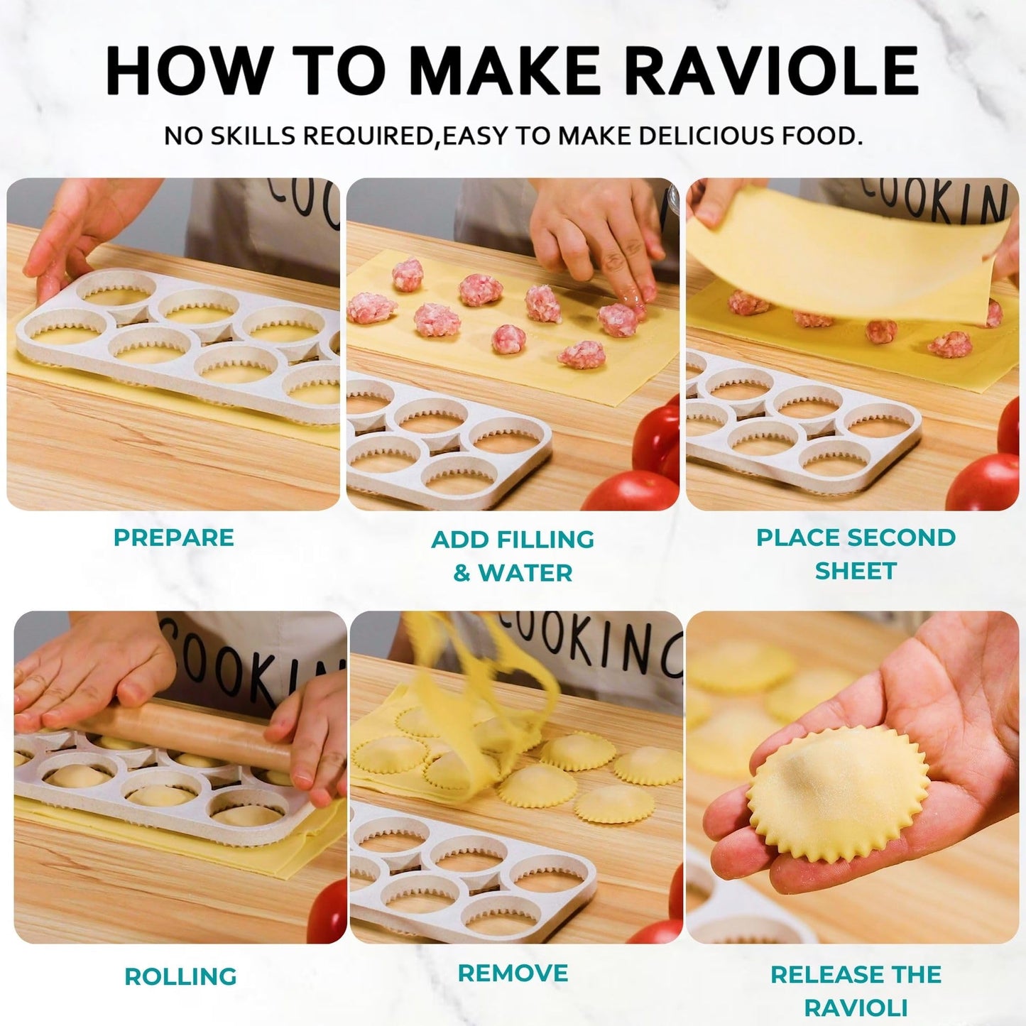 MUMSUNG Ravioli Maker Press, Ravioli Press Mold Set - Round Ravioli Stamp Maker Cutter with Wood Rolling Pin, 2.6" Empanada Maker Press Kit and Ravioli Wheel, Makes 8 Ravioli