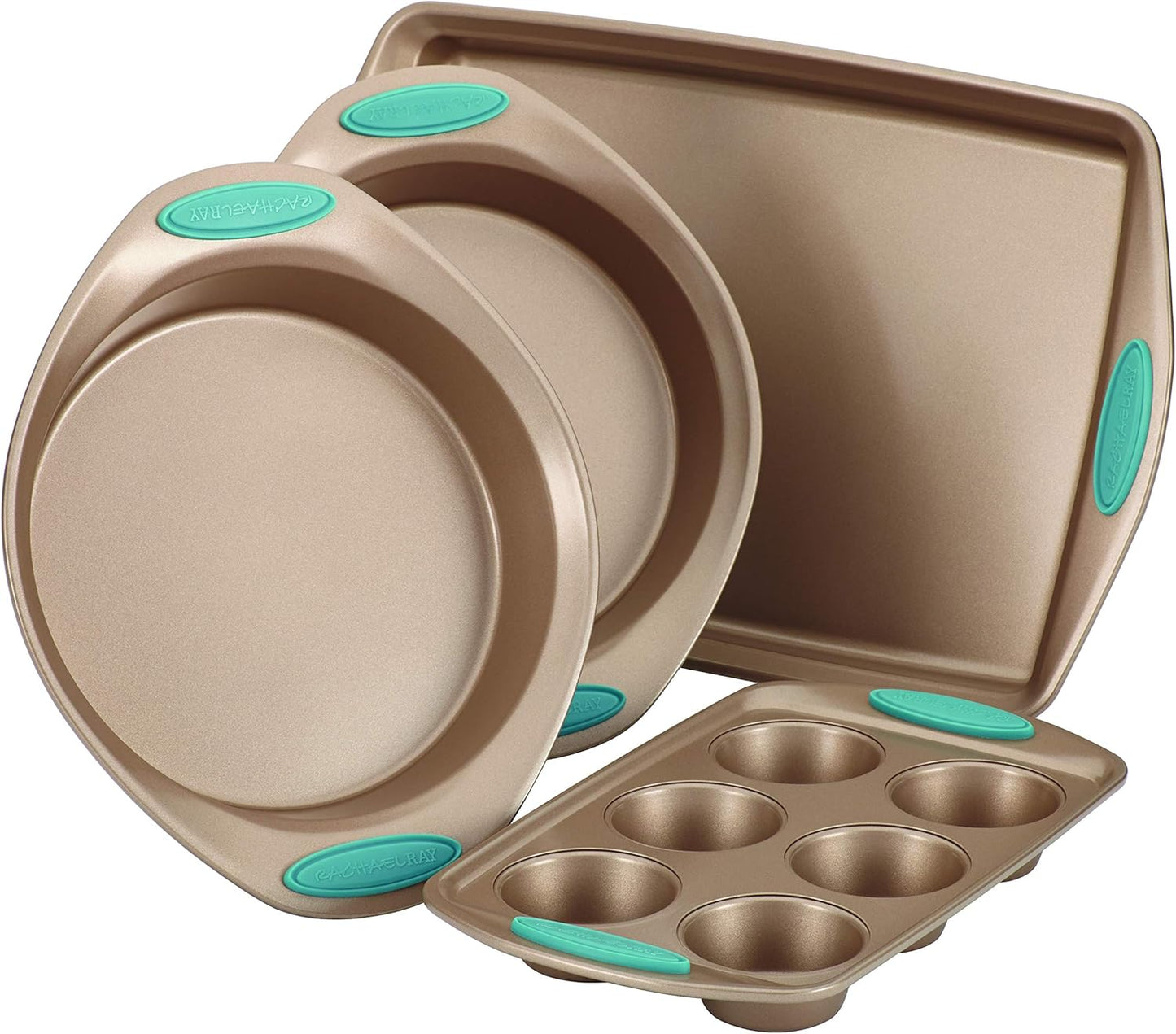 Rachael Ray Cucina Bakeware Set - Nonstick Cake & Cookie Sheets with Muffin Pan | 4-Piece Latte Brown