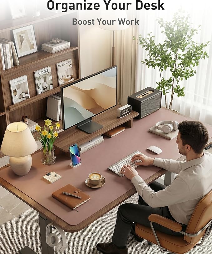 Aothia Faux Leather Desk Mat - Large Mouse Pad, Non-Slip PU Leather Blotter, Waterproof Writing Surface for Office and Home (Dark Pink, 63" x 17")