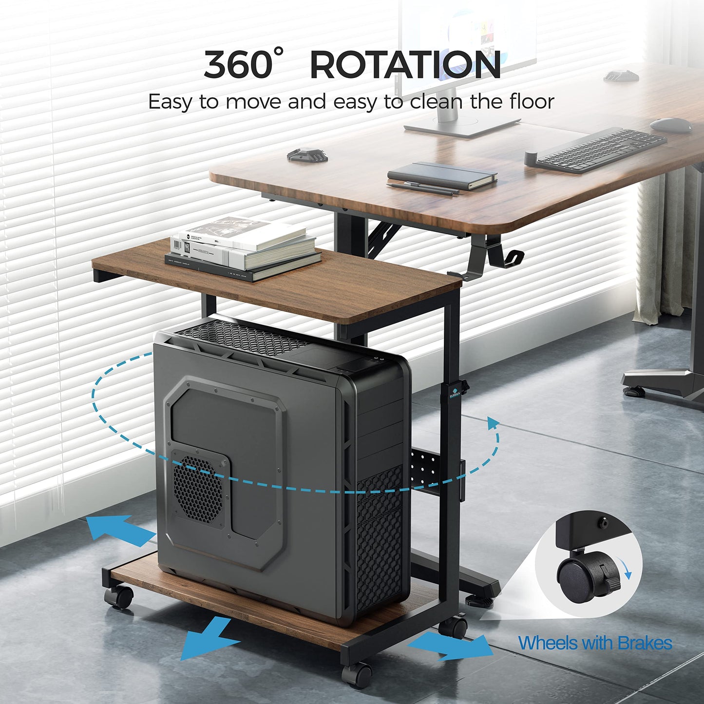 EUREKA ERGONOMIC PC Stand Computer Cart, Height Adjustable Tower Stand 2-Tier Suit for ATX Case Printer, Metal Rolling Cart on Wheels for Gaming Home Office, Walnut