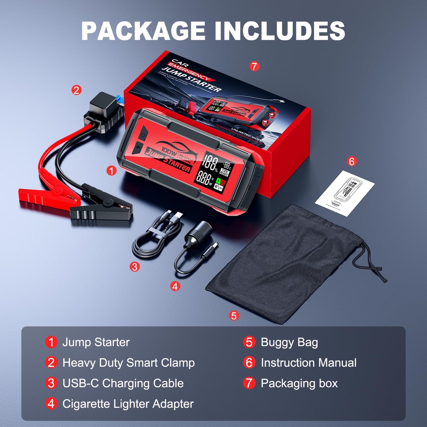 Jump Starter with Built-in Cable 16000A&59.2Wh, Portable Power Bank for 100W Dual-Way Fast Charging,12V SuperSafe Lithium Jump Box, Battery Booster Pack Up to (All Gas/14L Diesel)