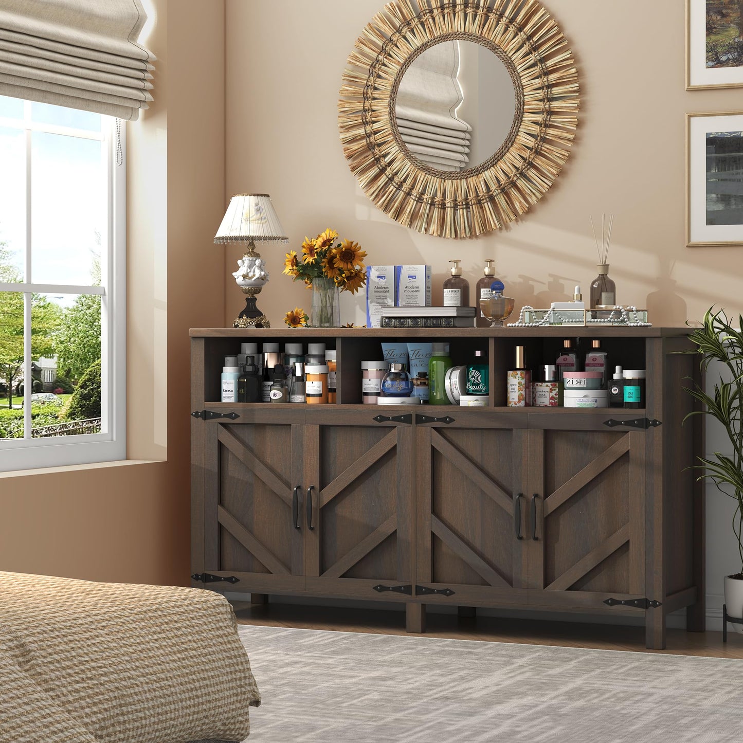knoworld Buffet Sideboard with Storage Farmhouse with 4 Doors, 55'' Large Kitchen Storage Cabinet Wood Coffee Bar Cabinet Buffet Table with Shelves for Kitchen, Dining Room, Entryway (Brown, 55in)