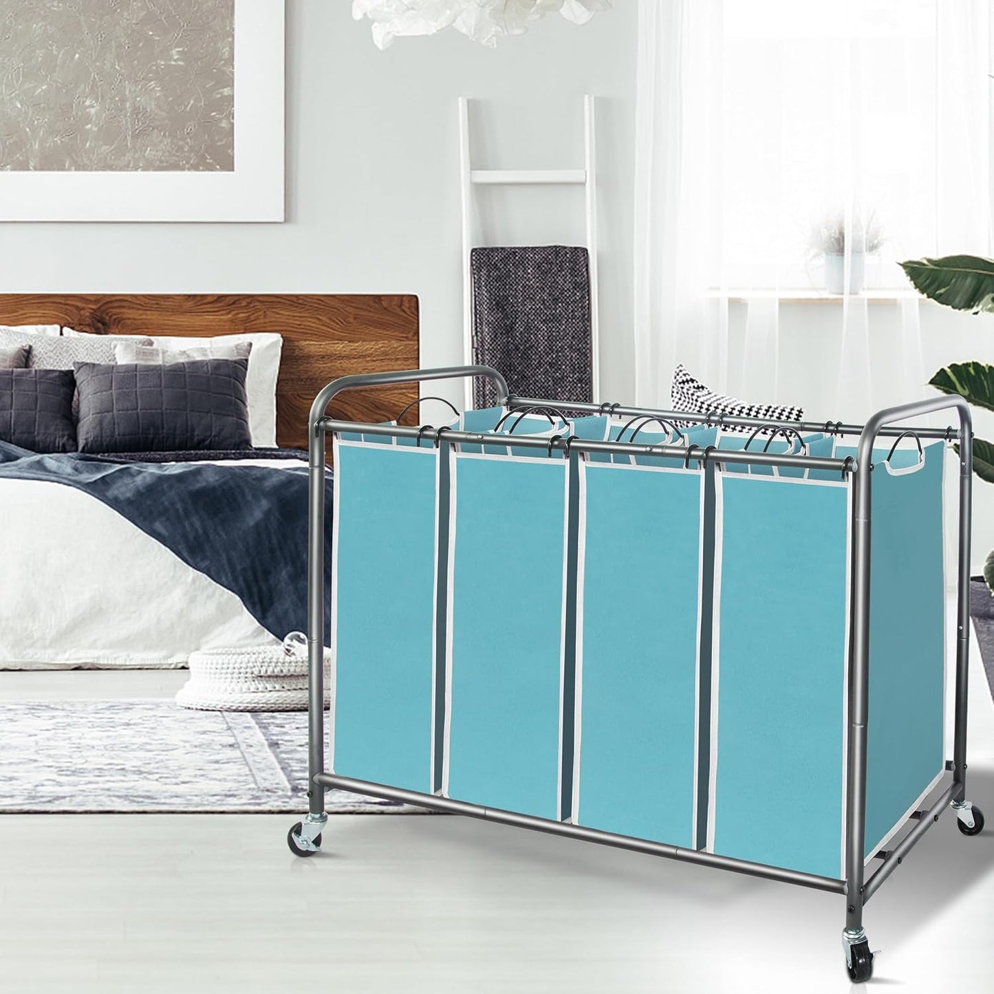 Storage Maniac Laundry Sorter - 4-Section Hamper Cart with Wheels & Removable Bags - 47.8 Gal, Blue