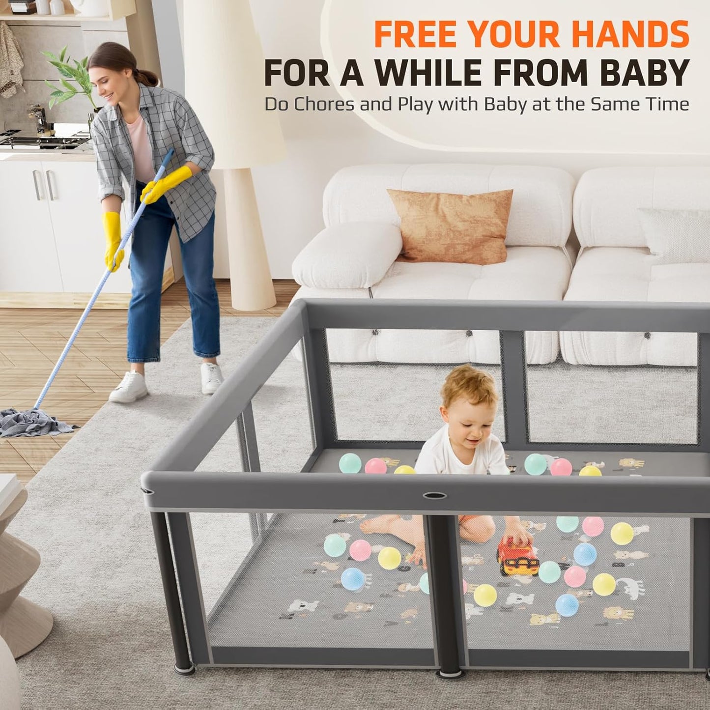 Skiennix Foldable Baby Playpen - 50" x 50" Collapsible Playard for Indoor & Outdoor Use | Includes Travel Pack & 30 Ocean Balls
