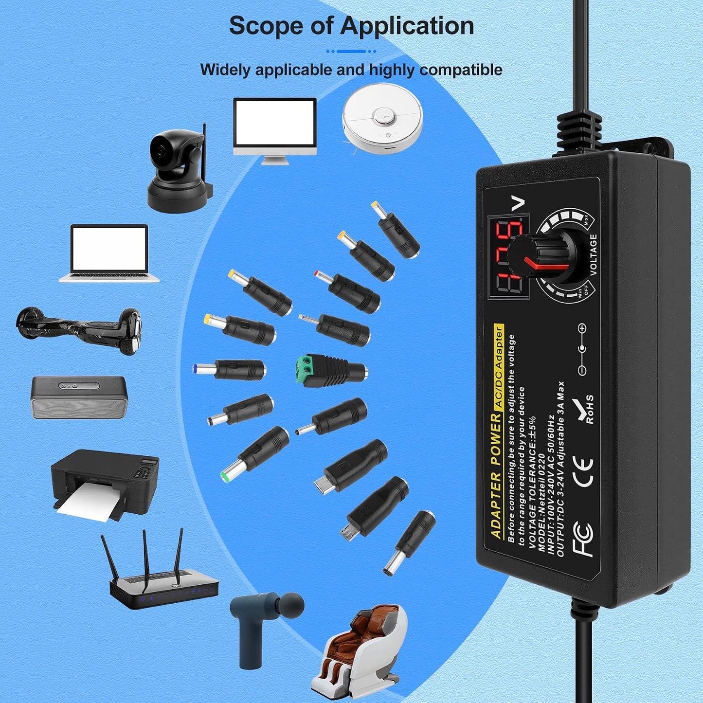 FancyWhoop 3V~24V 3A 72W 100V-240V 14 Universal Power Supply DC Power Supply Variable Universal Switching AC/DC