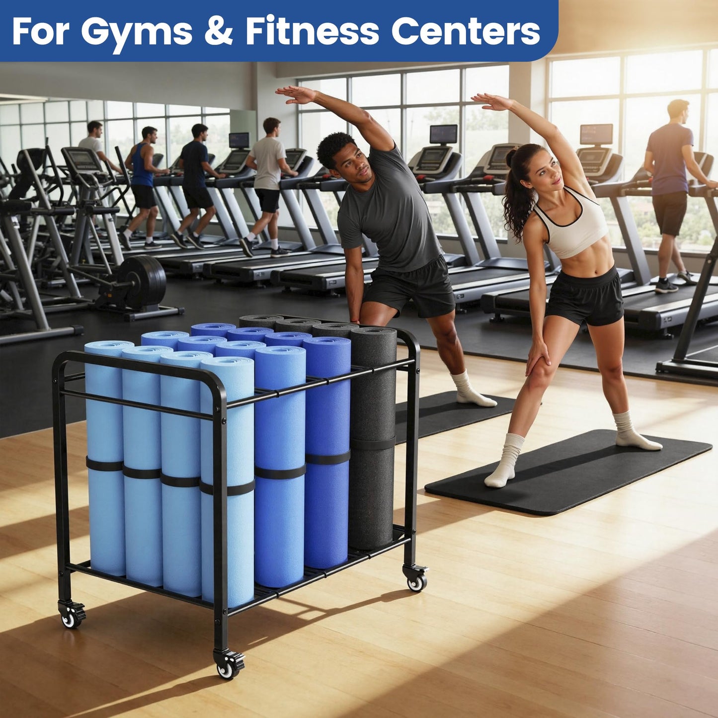 Black Yoga Mat Storage Rack Basket with Wheels, Floor-Standing Metal Yoga Mat Cart Workout Equipment for Foam Roller Dumbbells Kettlebells,in Gym,Fitness Classes, Yoga Studio & Home Gym