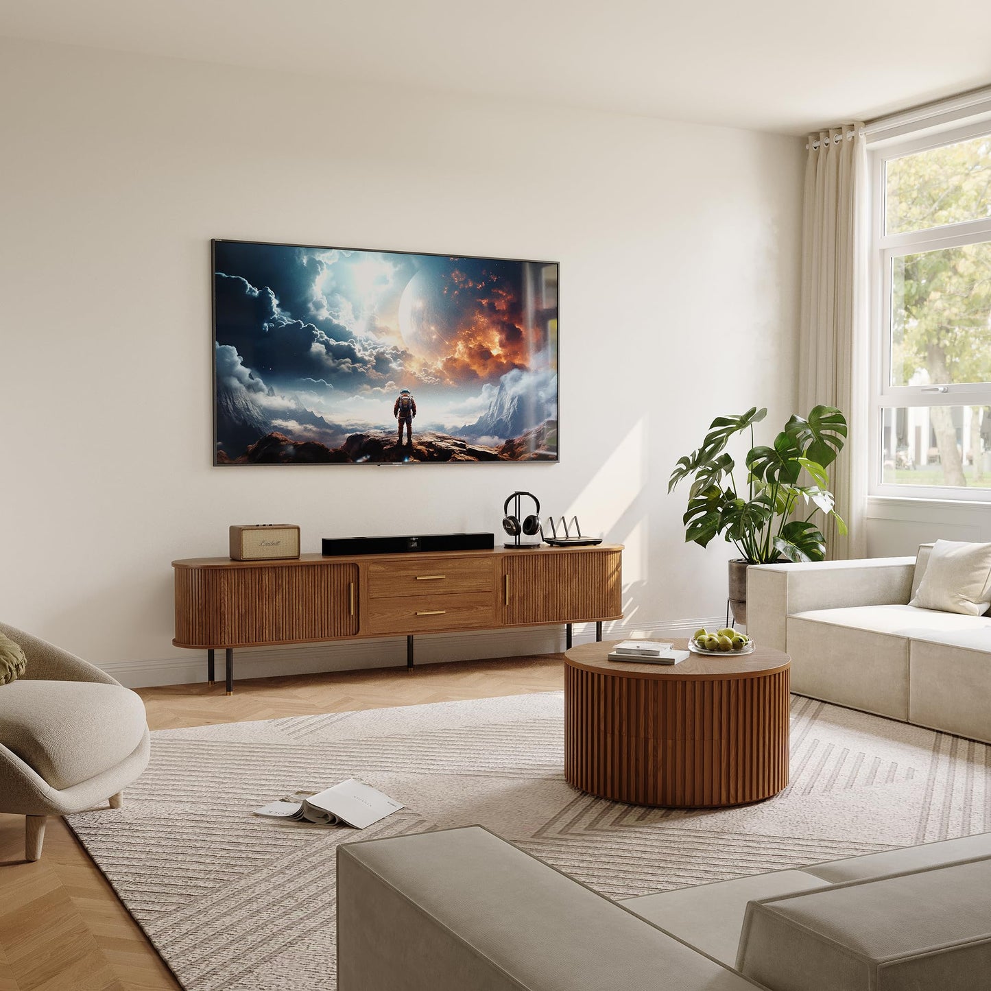 POVISON 78.74" Sliding Tambour Door TV Stand, Fully Assembled Mid Century Modern TV Console, Wood Media Console with Tall-Cast Metal Legs, Entertainment Center with Storage Cabinet for Living Room