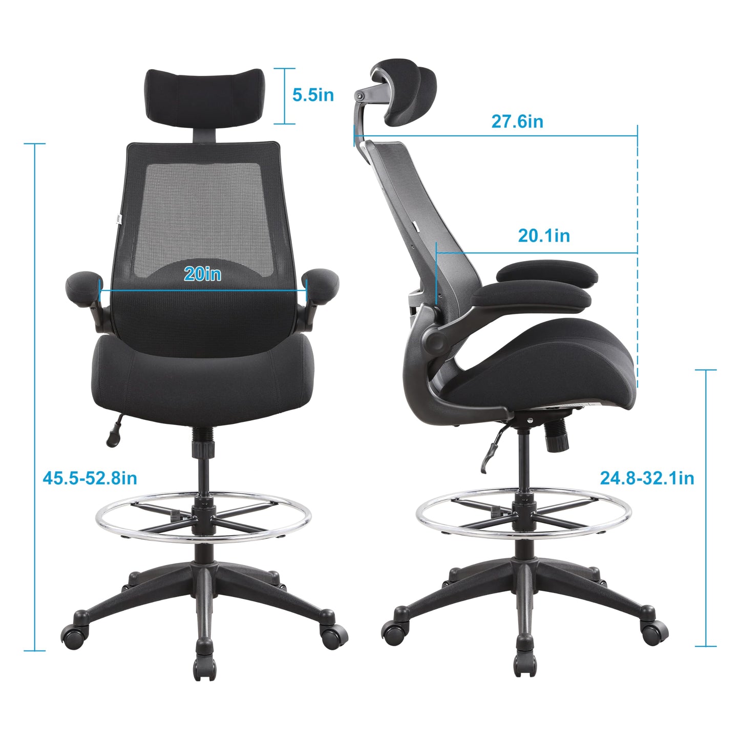 BOLISS Drafting Tall Office Chair 400lbs High Back Wide Standing Desk Chair Comfortable with Flip up Armrests Lumbar Support Adjustable Big Footrest Ring(Black)