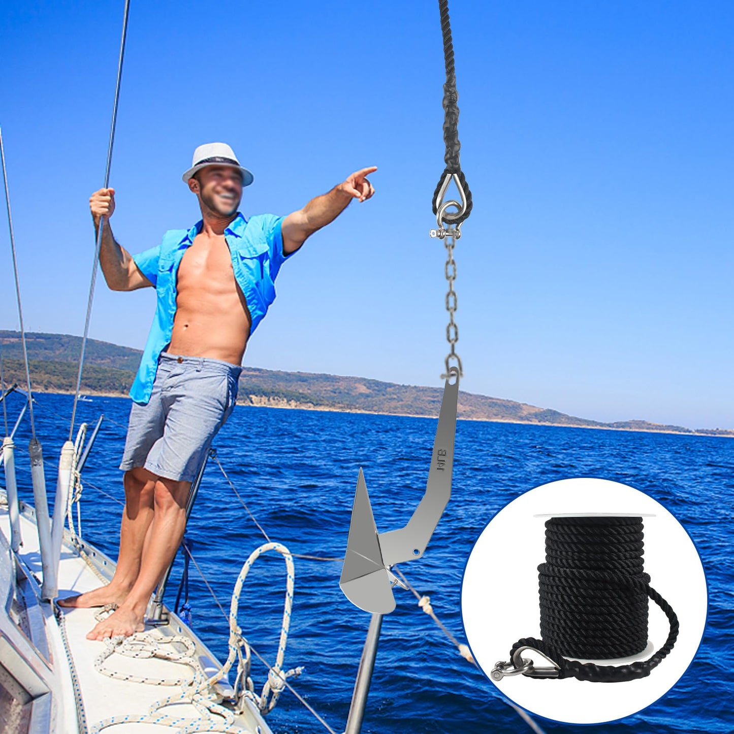 VEITHI Boat Anchor Rope 150 ft x 1/2 inch Black, 3 Strand Anchor Line Marine Rope with Stainless Steel Thimble & Shackle Ideal for Towing,Docking,Boats,Mooring,Anchoring,for Boats Up to 35'