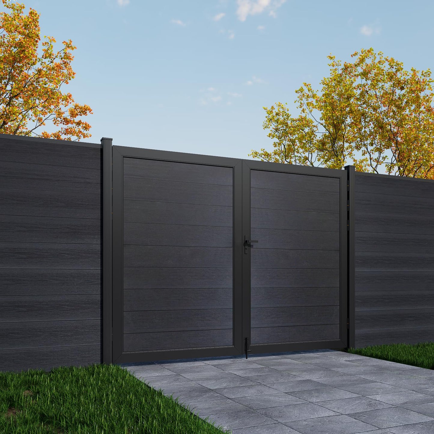 Treslam Wood Plastic Privacy Double Fence Gate 6ft(H) x 8ft(W), Metal Frame with Knob Kits, Durable Composite Outdoor Gate,Black