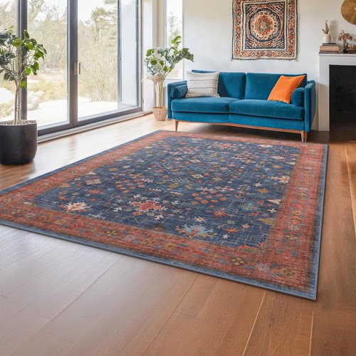 Hazo Haus Area Rug - 7x9 Washable Dining Room Rug | Low Pile Non-Slip Design in Navy Blue Vintage Boho