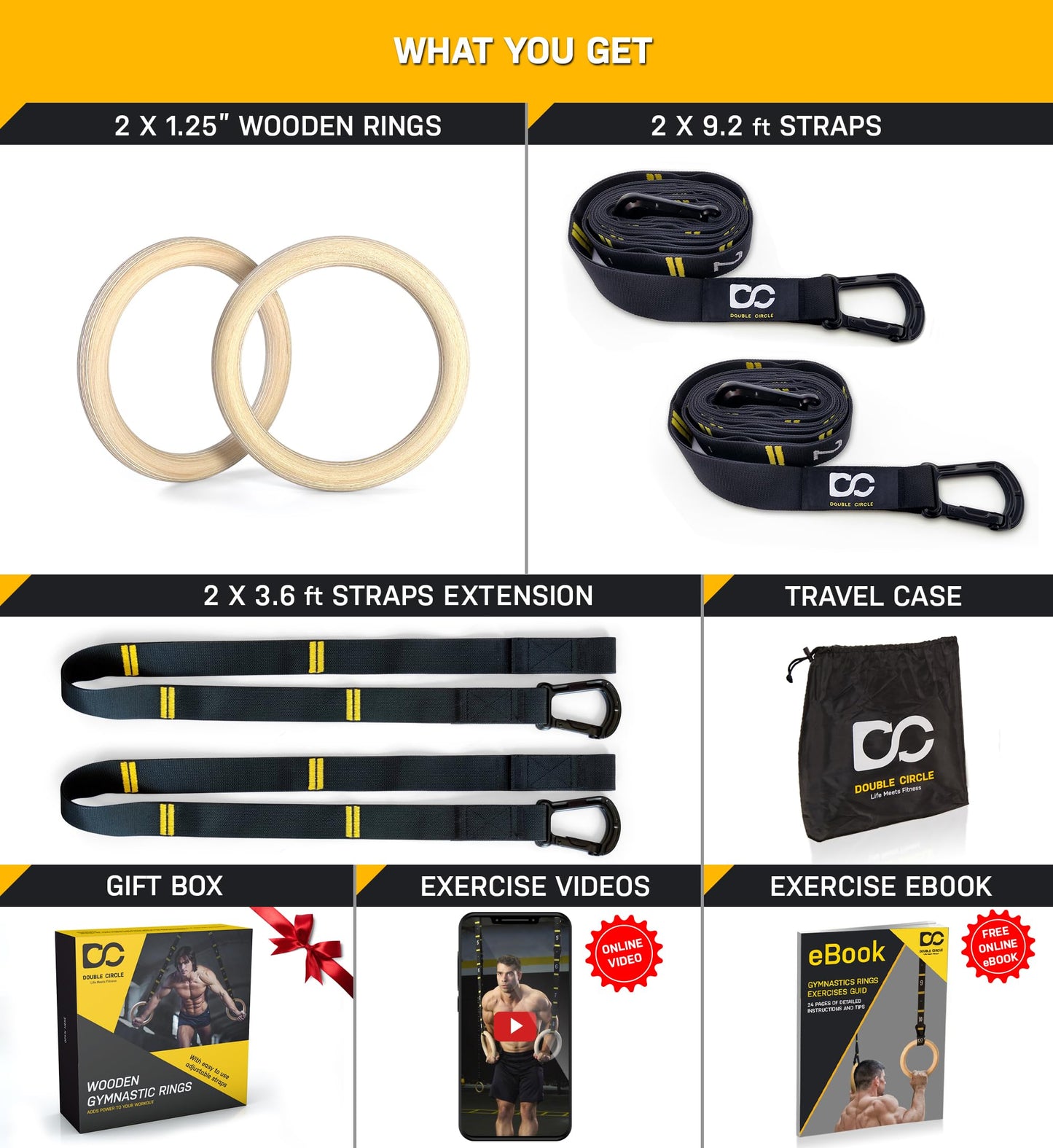 Double Circle Gymnastics Rings with Quick Adjust Numbered Straps and Exercise Videos Guide - Full Body Gym Rings - Calisthenics Rings Wooden Rings (Extended Straps)