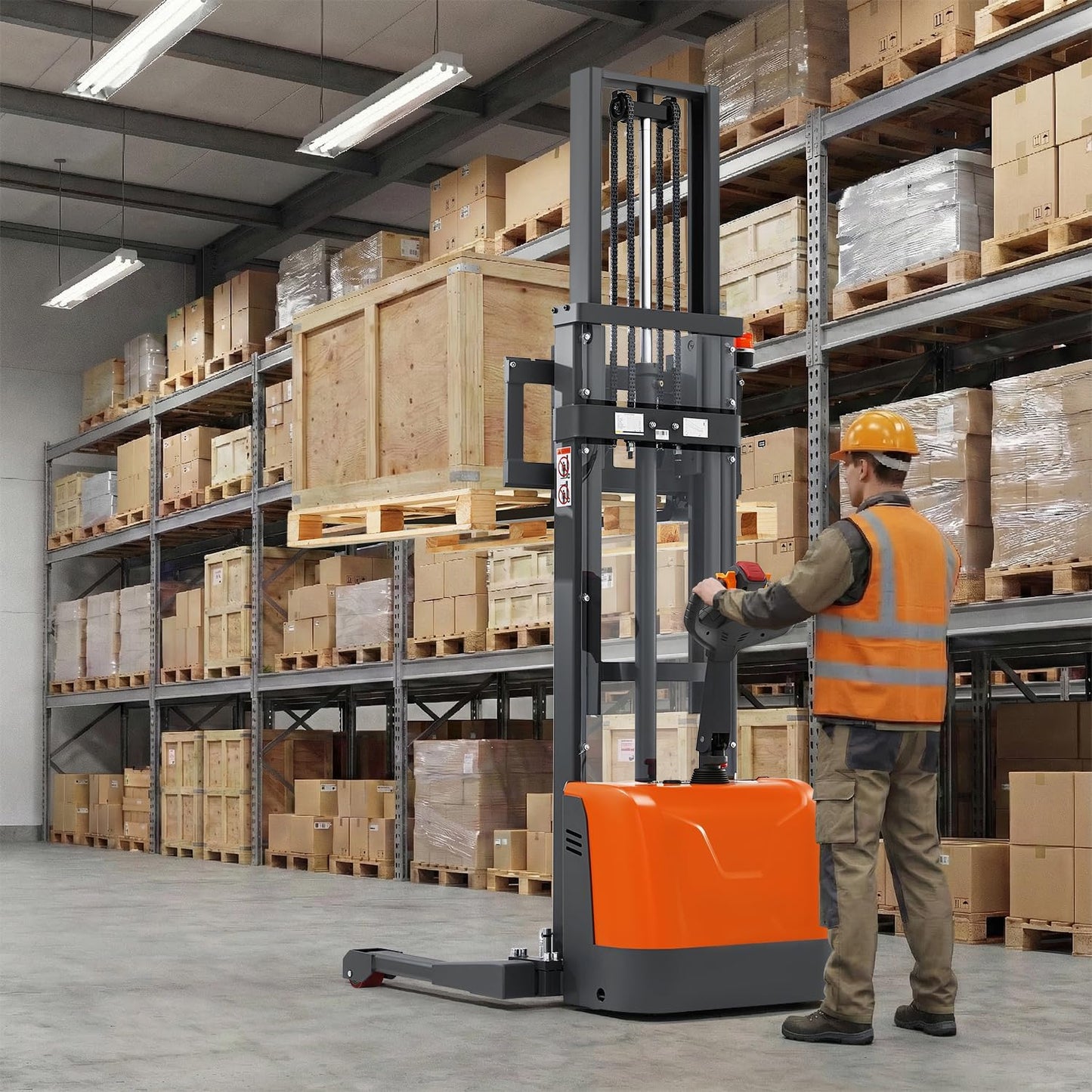 Tory Carrier Full Electric Walkie Stacker Material Lifts with Straddle Legs 98 inches Lifting Height with Adjustable Forks 3300lbs Capacity