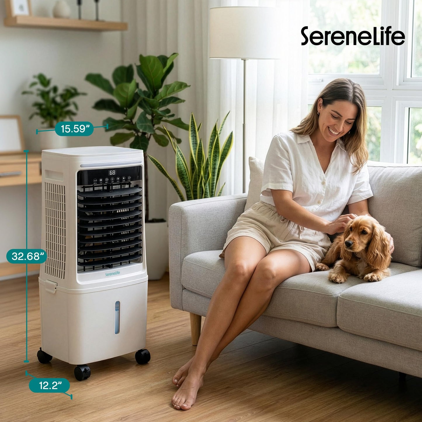 SereneLife Tower Fan, Smart Stand Up Bladeless Tower Fan with WiFi and Remote Control, 1700 CFM High Velocity Output, 25 Liter Detachable Water Tank, Boosted AC Flow with 4 Ice Packs Included