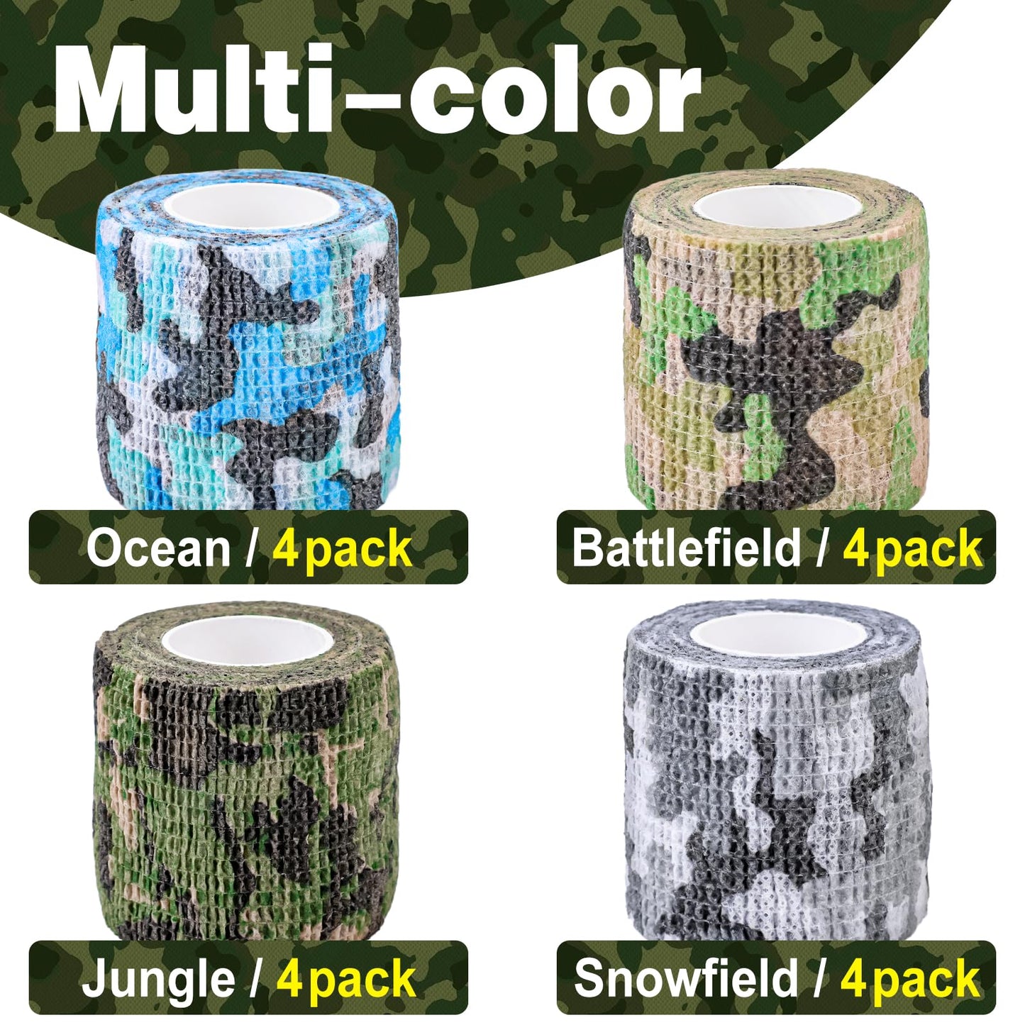 AZEN 16 Pack Self Adhesive Bandage Wrap, 2" X 5 Yards Elastic Cohesive Bandage Wrap, Athletic Tape, Vet Wrap, Ankle Tape, Tattoo Tape Wrap (Camo)