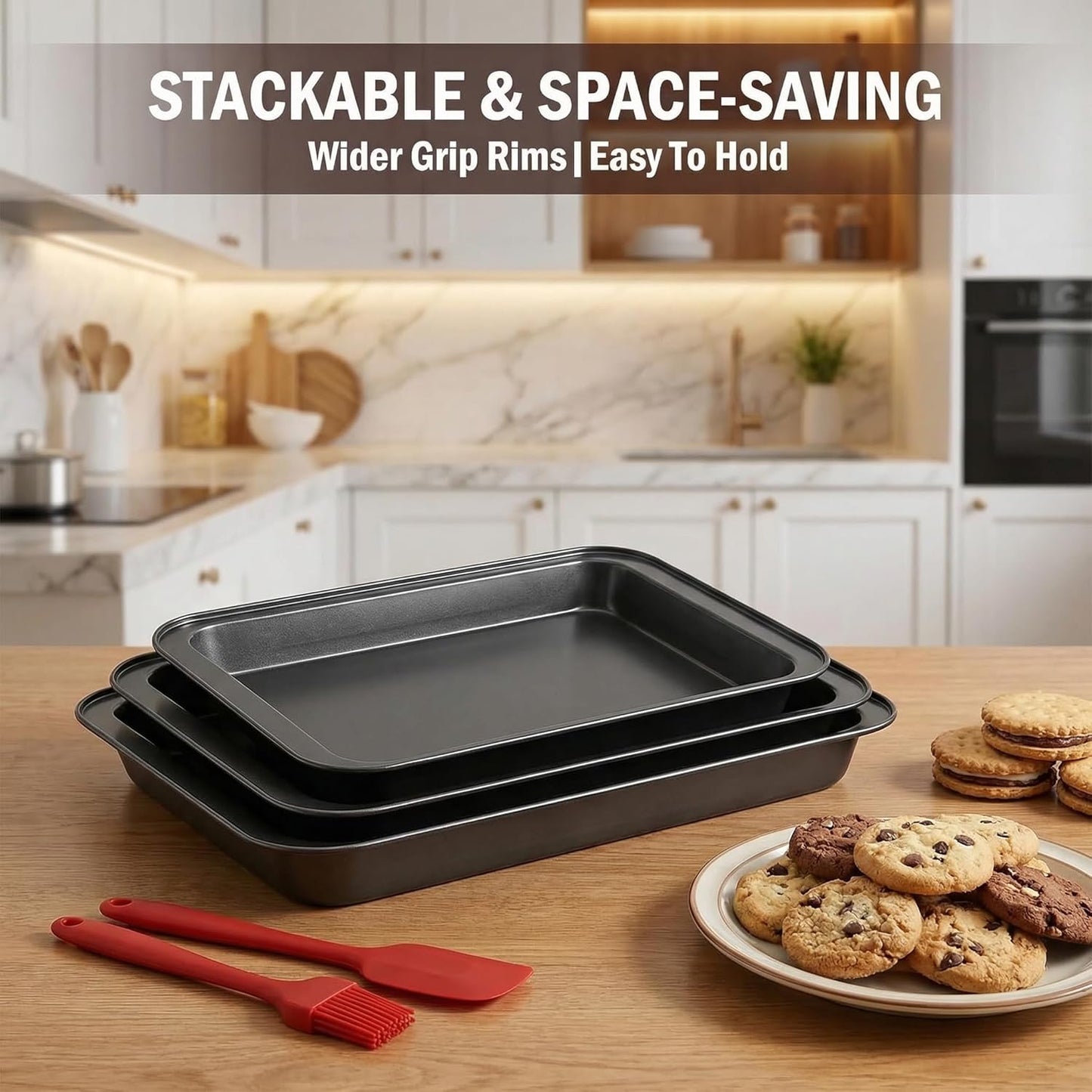 Skiennix Nonstick Baking Sheet Pan Set of 3 - Stackable, Multi-Depth, Rust & Warp Resistant, Easy Clean