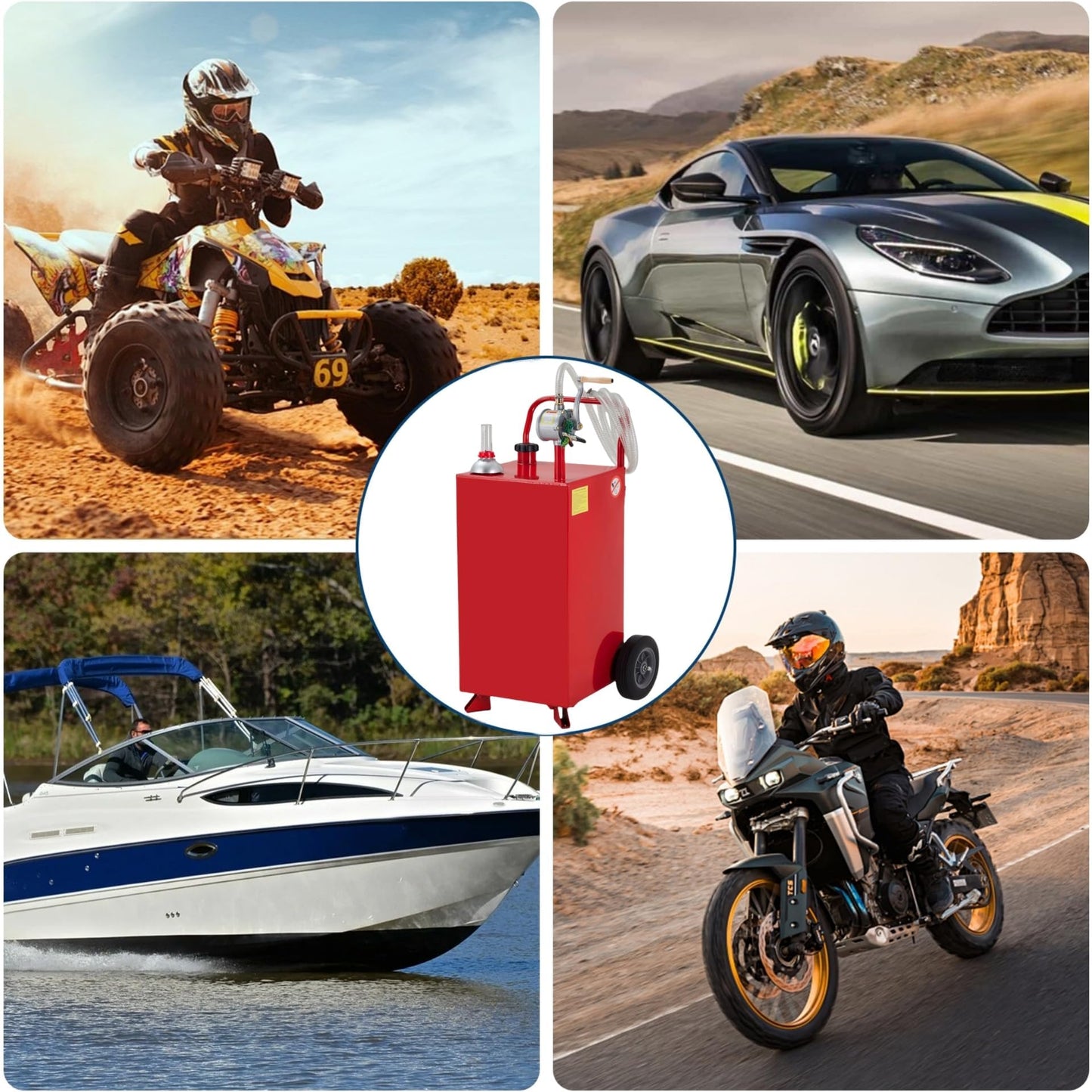 20 Gallon Fuel Caddy, Portable Gas Storage Tank with Manual Transfer Pump, Hose & 2 Wheels, Gasoline Diesel Fuel Container for Cars, ATVs, Boats, Lawn Mowers, Red