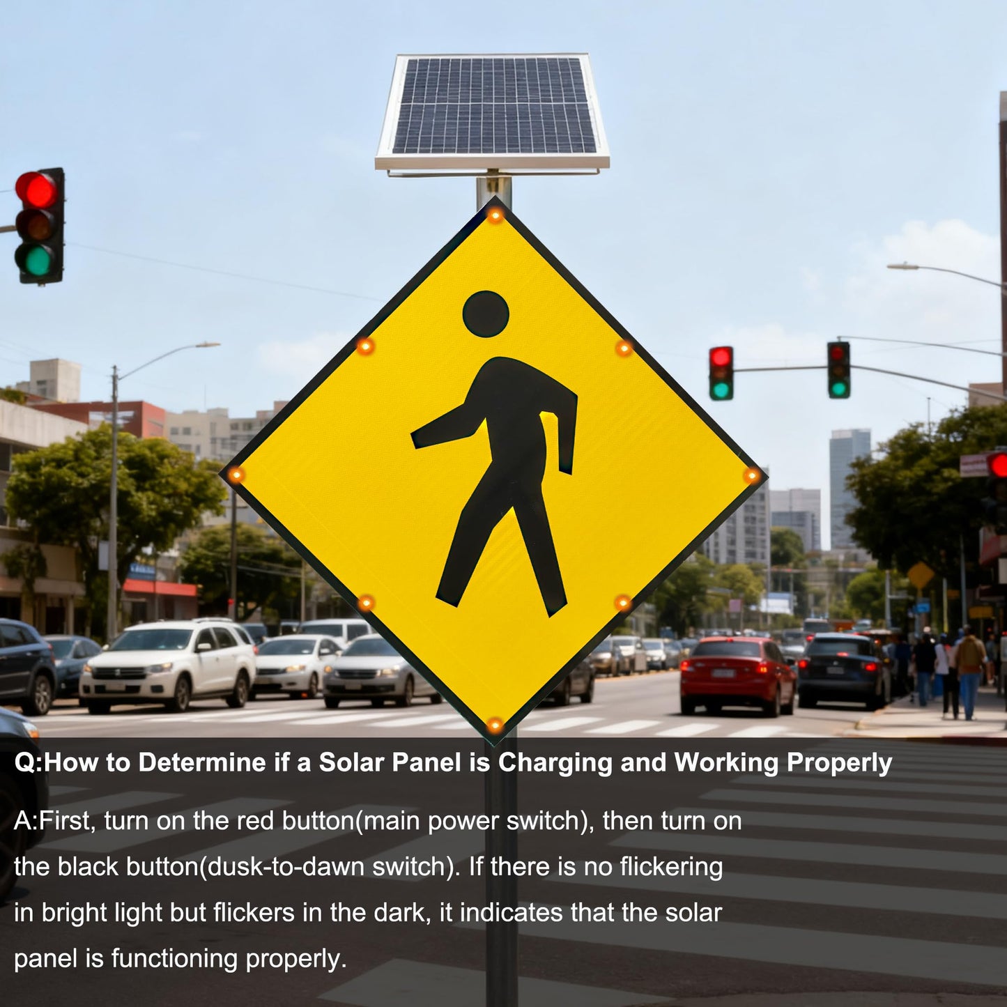 GAJTTR 30" Solar Powered LED Pedestrian Crossing Sign, High Visibility Flashing Crosswalk Sign with 8 Blinking LEDs, Engineer Grade Reflective Film, Heavy Duty Aluminum Metal Frame for Schools, Driveways & Communities (Yellow)