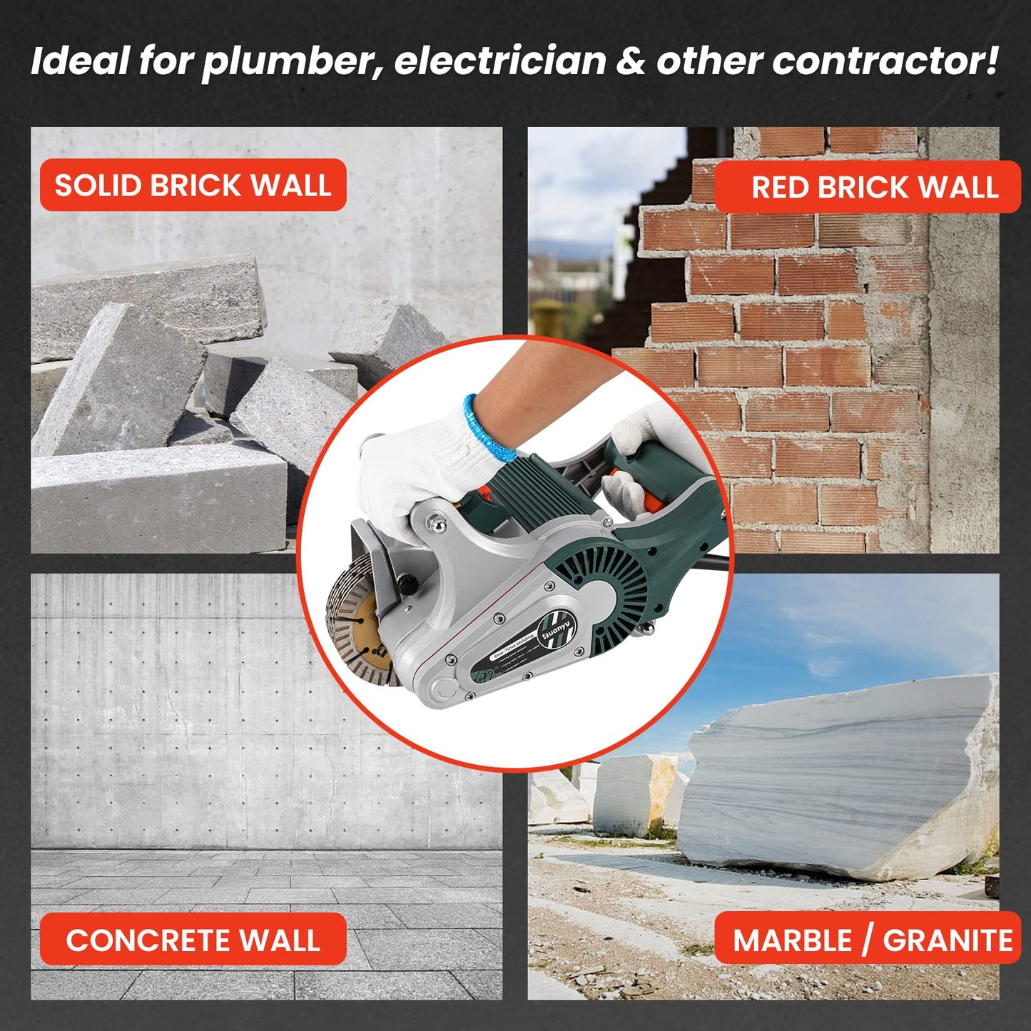Huanyu Electric Wall Chaser 1 time Molding Wall Groove Cutting Machine Infrared Sighting 4800W Cutting Width 40mm Depth 40mm Wall Chaser Concrete Cutter Magnesium Alloy for Cement Brick Marble 110V