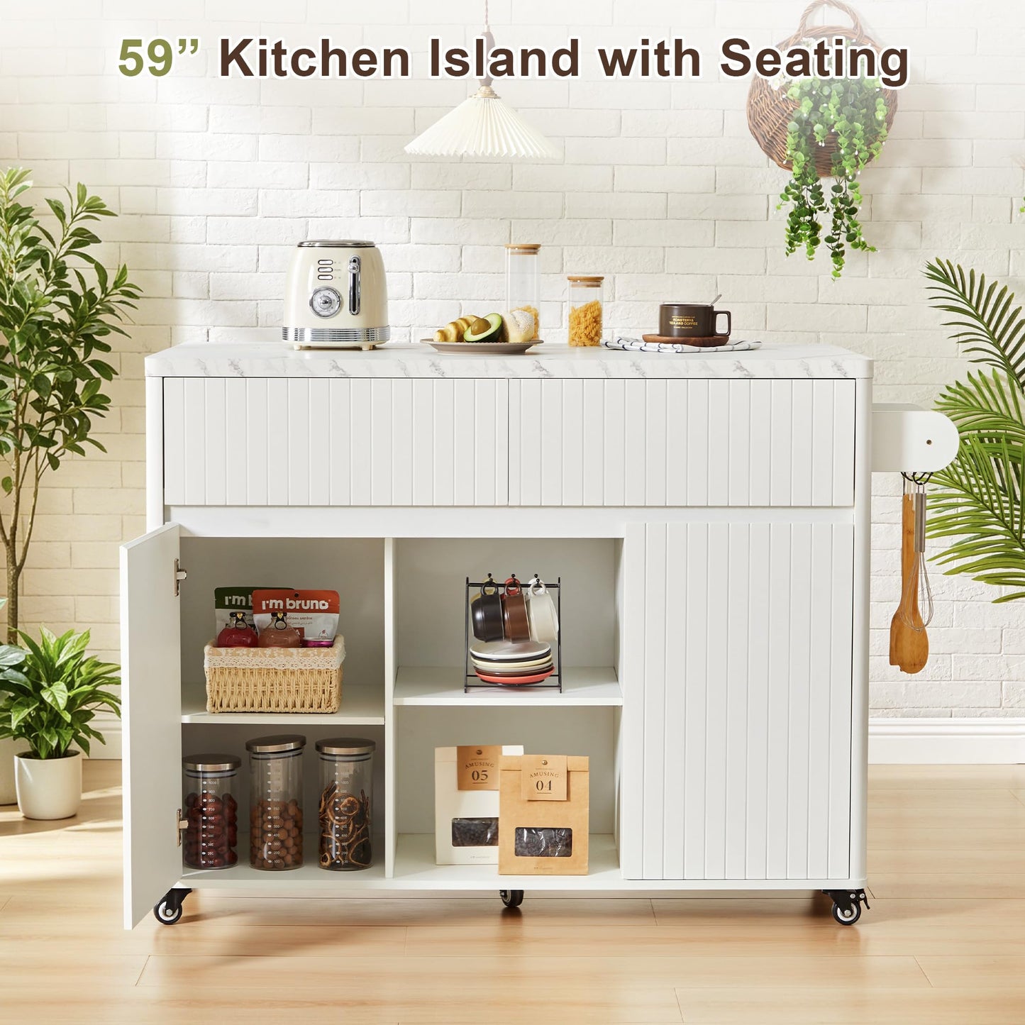 weselon 47" Mobile Kitchen Island with Storage & Drop Leaf, Rolling Kitchen Cart on Wheels with 2 Drawers, Adjustable Shelves, Towel Rack & Hooks, Faux Marble Top Island Table for Kitchen (White)