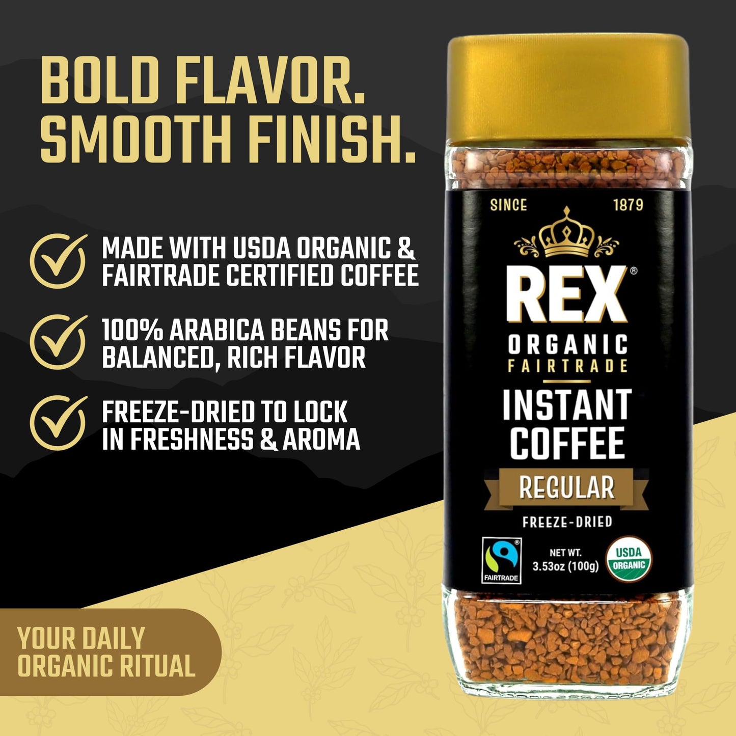 Rex Coffee Organic Fairtrade Freeze-Dried Instant Coffee – Medium Roast Arabica, 3.53 oz Glass Jar – Lab Tested for Mold, Mycotoxins, Heavy Metals, & Acrylamide