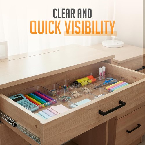 Masirs Clear Drawer Organizers Set – 25 PCS Stackable Plastic Storage Bins for Home & Office | Non-Slip Design