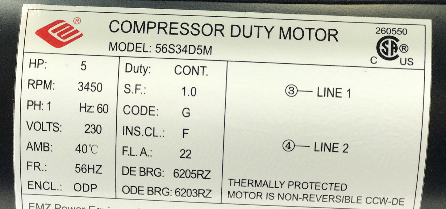 New 5HP Compressor Duty Electric Motor, 56HZ Frame, 3450 RPM, 7/8" Shaft Diameter, NEMA Rated Motor