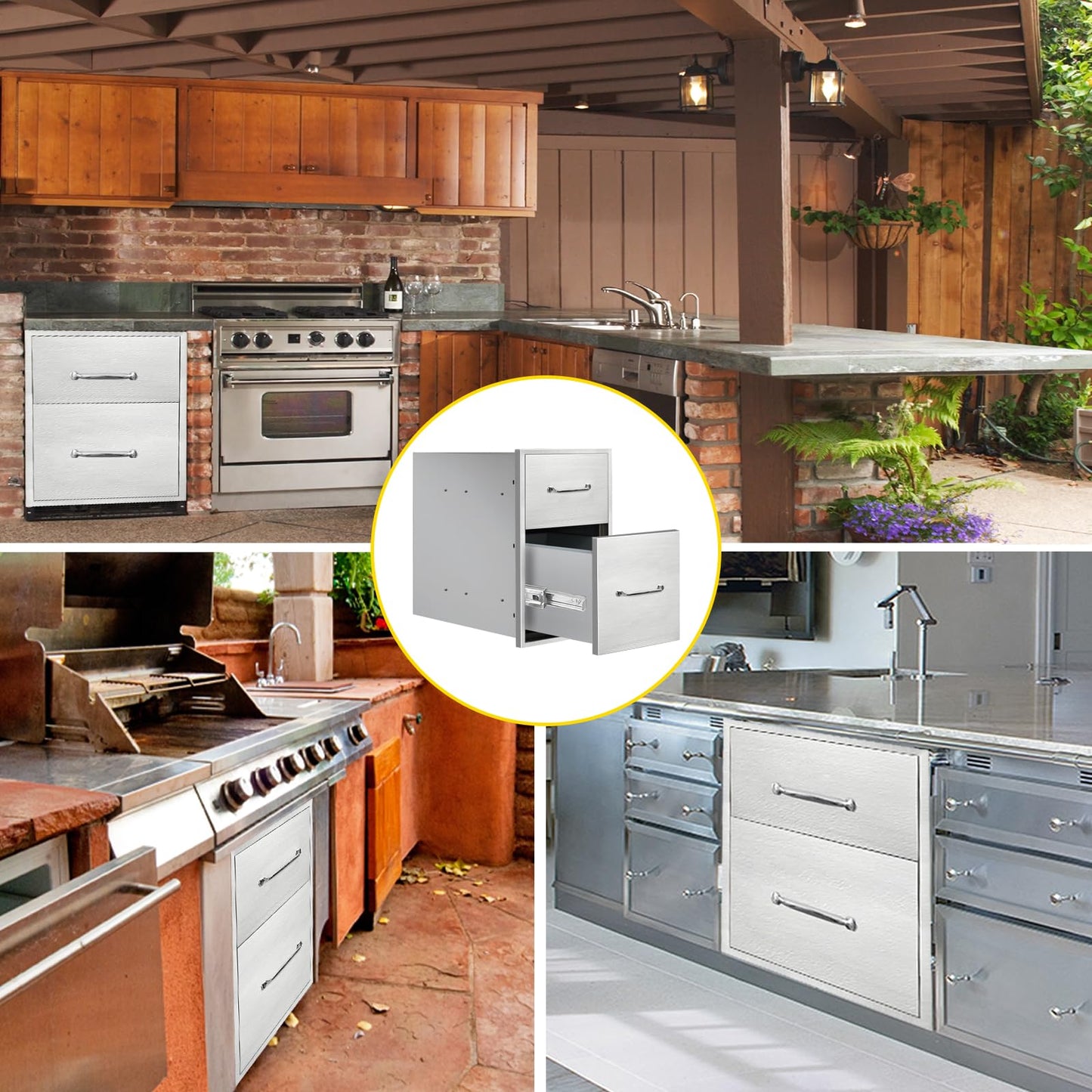 SGOLAN Outdoor Kitchen Drawers 14" W x 21" H x 21" D Flush Mount Double BBQ Drawers with Chrome Handle Stainless Steel Drawer for Outdoor Kitchen Island, Patio Grill Station