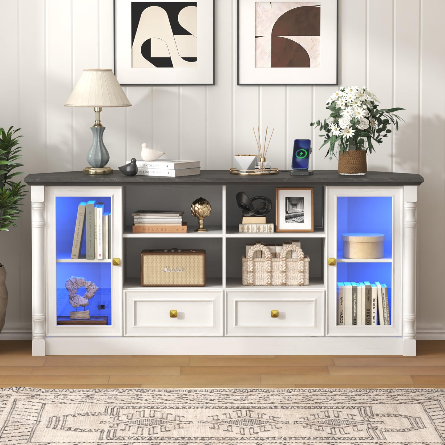 Corner TV Stand for 55 60 65 Inch TVs, Farmhouse Entertainment Center with 2 Storage Drawers and 2 Display Cabinet & Power Outlet and LED Lights, Wood TV Console Table for Living Room, Bedroom, White