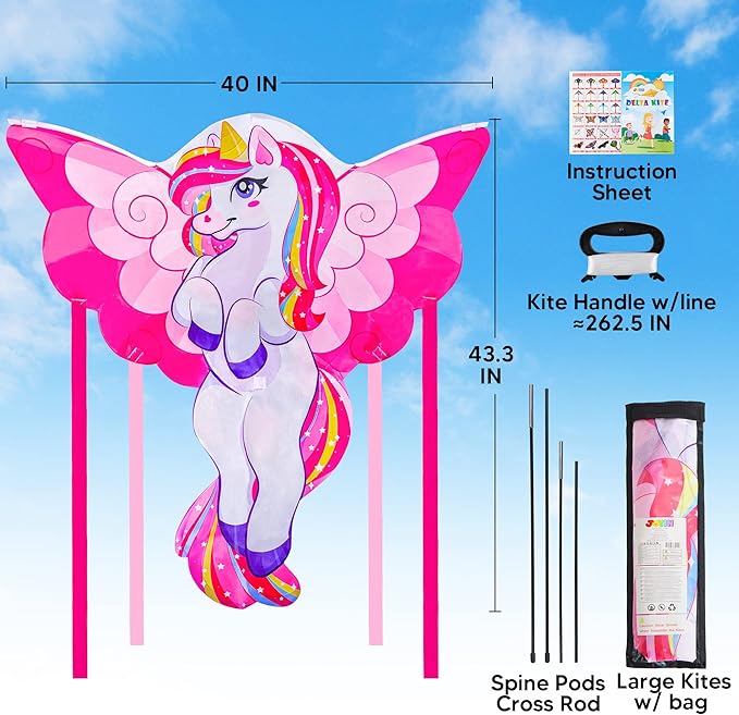 JOYIN 43.3'' Giant Unicorn Kite Easy to Fly for Kids and Adults with 262.5 ft String, Large Beach Kite for Outdoor Games and Activities