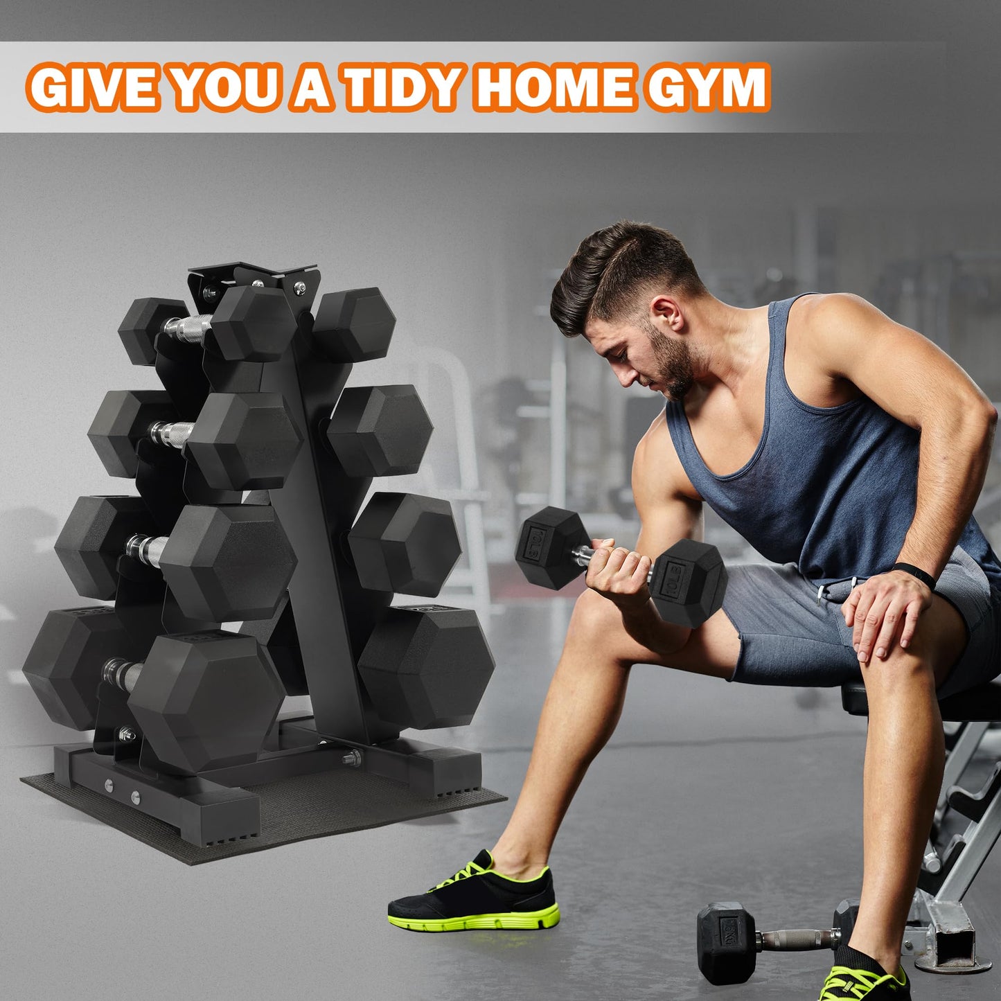 Fitvids 100LB Rubber Coated Hex Dumbbell Weight Set with Storage Rack, 5-20LB Free Weights with Anti-Slip Handle for Home Gym