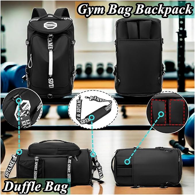 Gym Duffle Bag Backpack with Shoe Compartment,4 ways Travel Backpack for Women and Men,Multi-Functional Weekender bag with Waterproof Layer&Laptop Compartment for Fitness, Travel,Camping