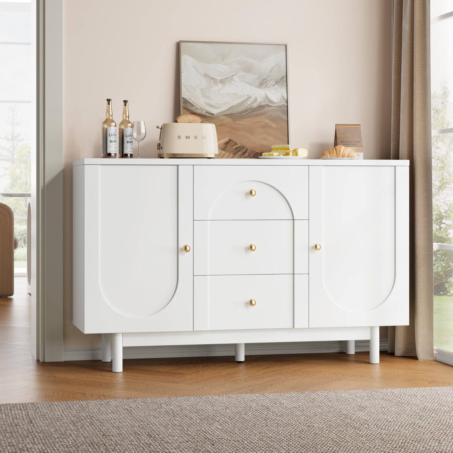 OneBlis Buffet Cabinet with Drawers, 54" Large Sideboard Buffet Storage Cabinet with Adjustable Shelves and Doors, Modern Coffee Bar Station Kitchen Table for Kitchen, Dining Room, White
