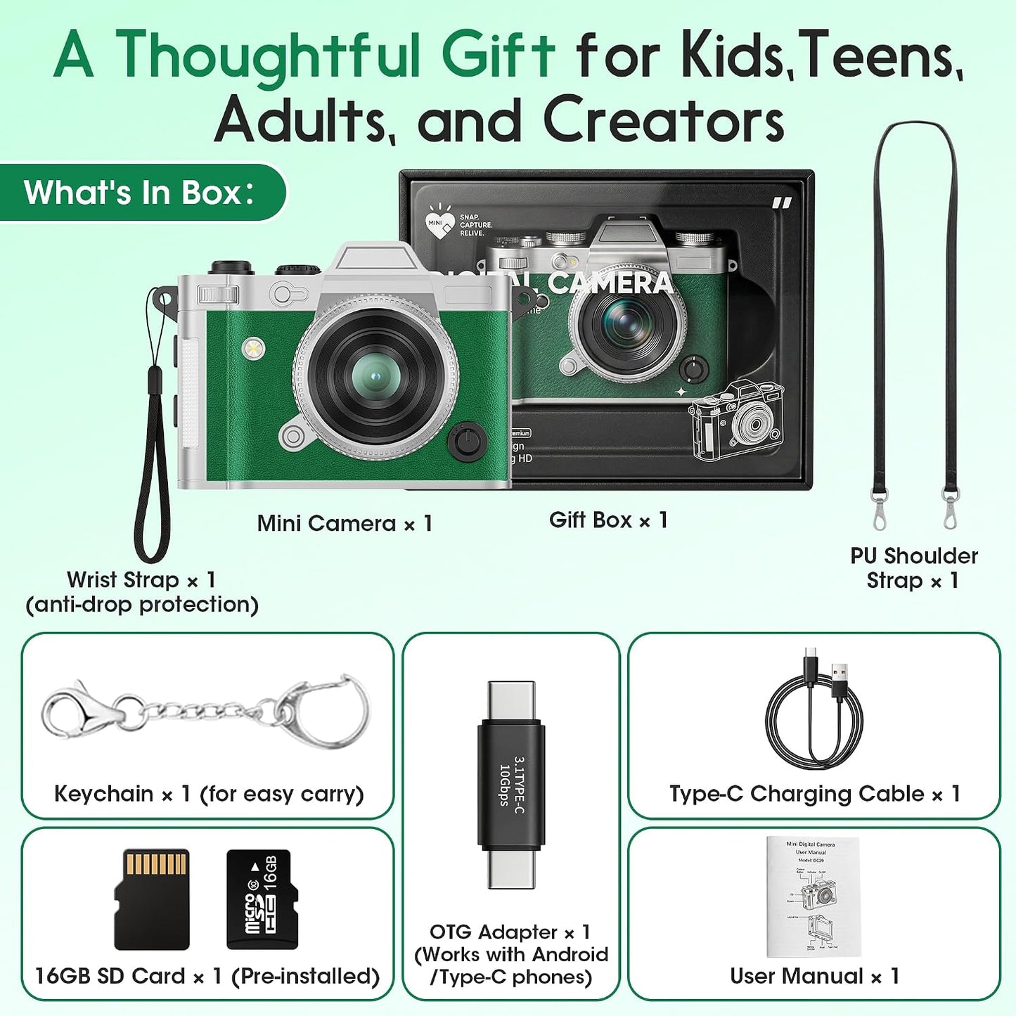 Dienspeak Y2K 2K 16GB Pocket Mini Camera, Retro Keychain Digital Camera with Leather Body, Small Portable HD Video