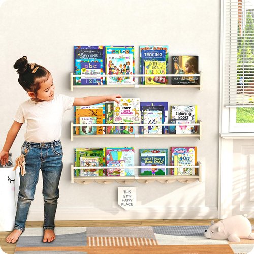 Bidami Nursery Book Shelves 34 inchs, Floating Book Shelves for Wall Nursery, Wall Mount Nursery Shelves Set of 3, Perfect for Living Room, Kids Room, Playroom & Bedroom.