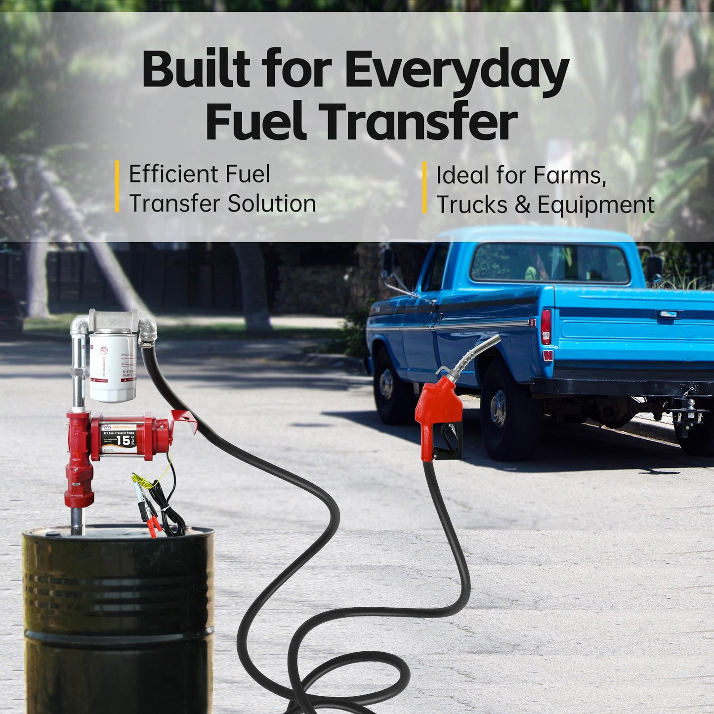FMCNMech 12V Fuel Transfer Pump, 15 GPM Diesel Transfer Pump Kit with Automatic Shut-Off Nozzle, Heavy-Duty Fuel Pump with 13 ft Hose for Gasoline, Diesel & Kerosene