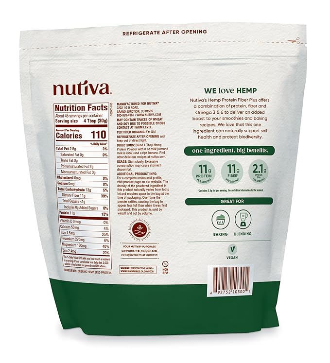 Nutiva USDA Organic Cold-Pressed Hemp Seed Plant Protein Power, 3 Pound, Fiber Plus with Essential Amino Acids, Non-GMO, Whole 30 Approved, Vegan & Keto