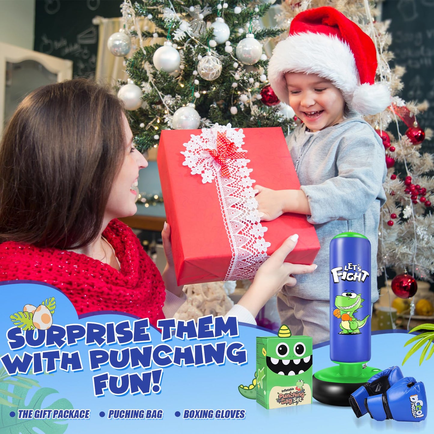 Inflatable Punching Bag, 48" Inflatable Boxing Bag for Kids with Boxing Gloves for 3-8 Kids, Stable Boxing Set for Practicing Karate, Taekwondo,Dinosaur Toy & Gifts for Boys (Blue)