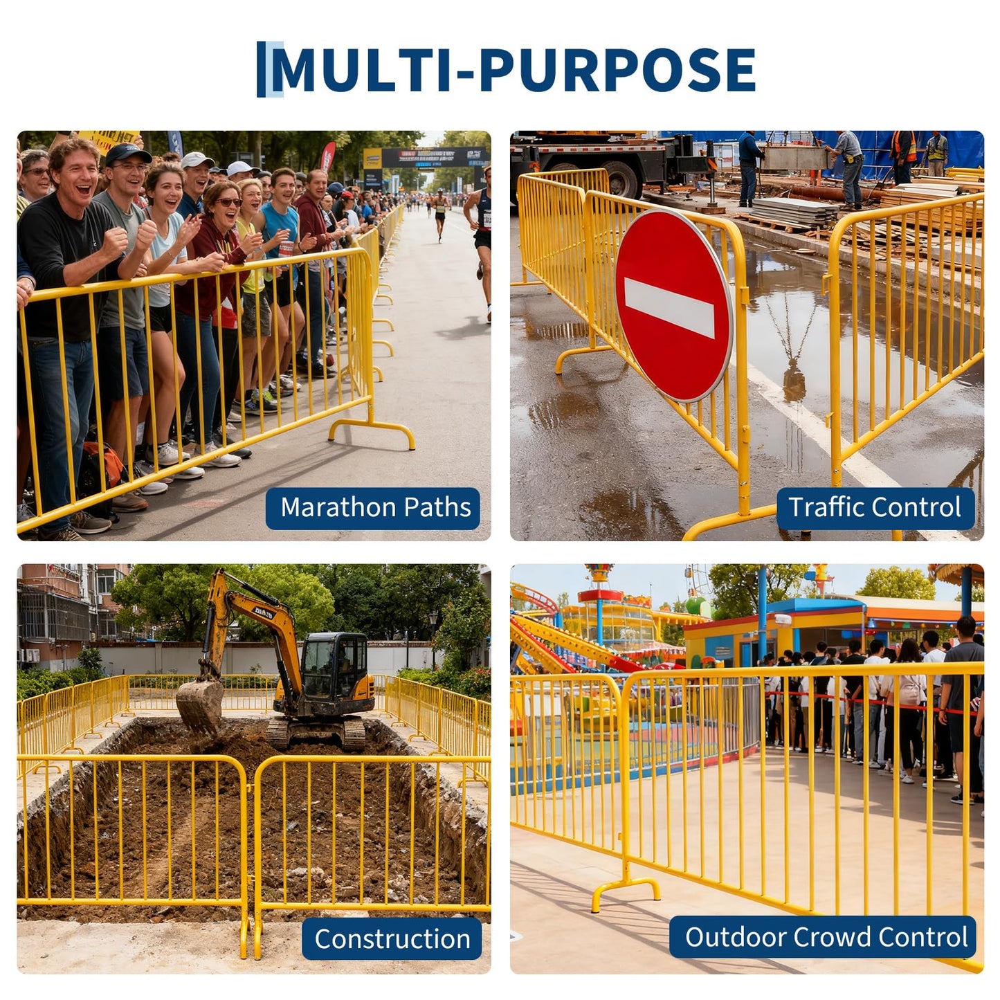 Garvee Interlocking Steel Barricade, 8.5 Ft. Heavy Duty Galvanized Metal Barricade, Interlocking Steel Road Barriers with with Bridge Feet Base, for Crowd Control Event Fencing Indoor/Outdoor, Yellow