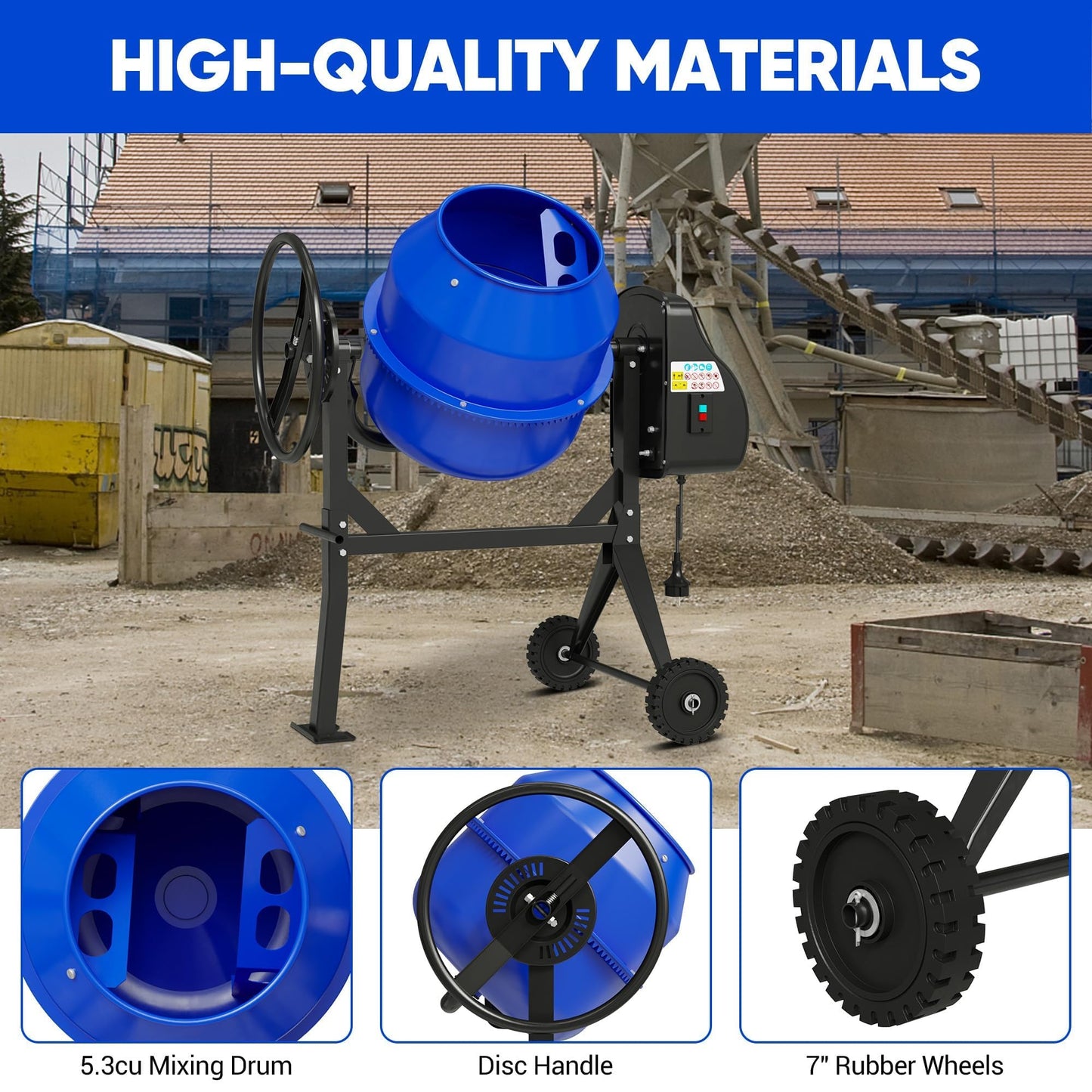 SILVEL Electric Cement Mixer, 5.3 Cu.Ft.750W Portable Concrete Mixer Machine with Wheels & Stand Steel for Stucco, Mortar, Feed Mixing, Farm Use, Orange