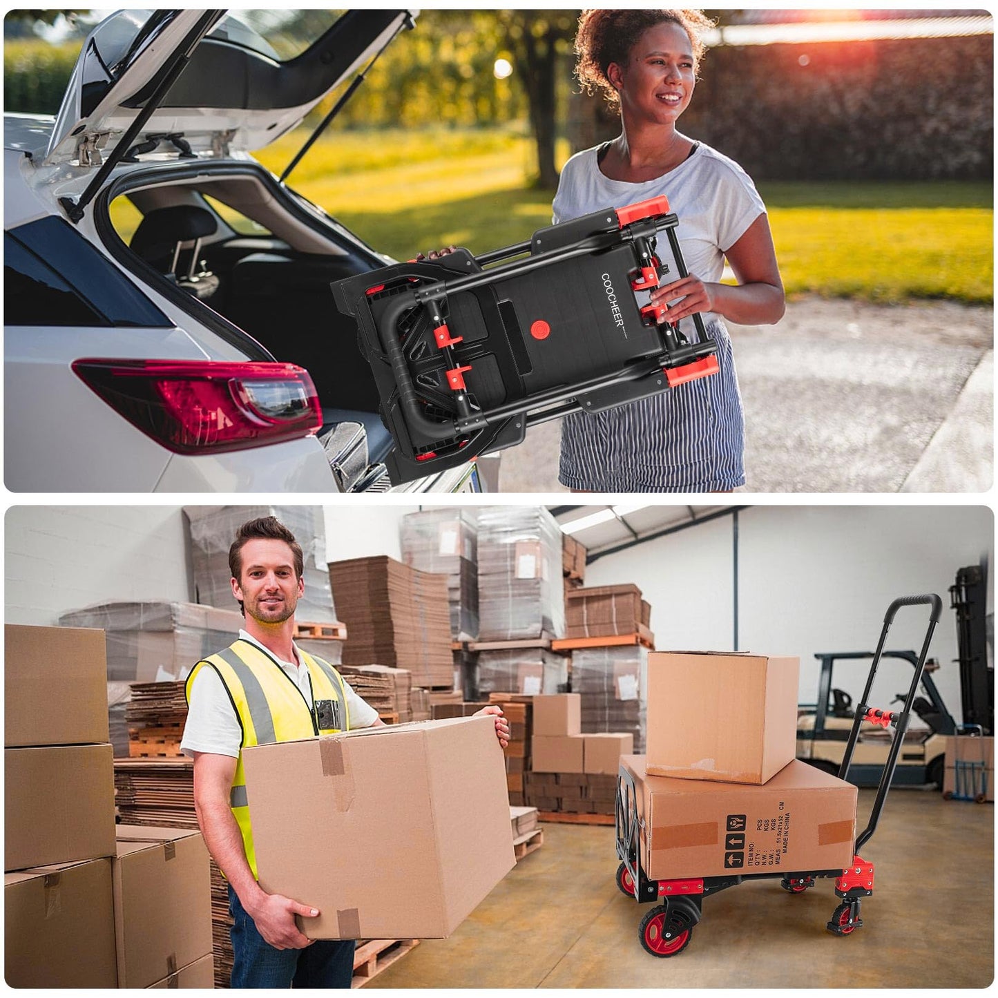 2-in-1 Folding Hand Truck Dolly 330LB Load Carrying, Hand Truck Foldable Dolly with Retractable Handle and 4 Rubber Wheels, Portable Folding Hand Cart for Moving/Travel/Office(Red)