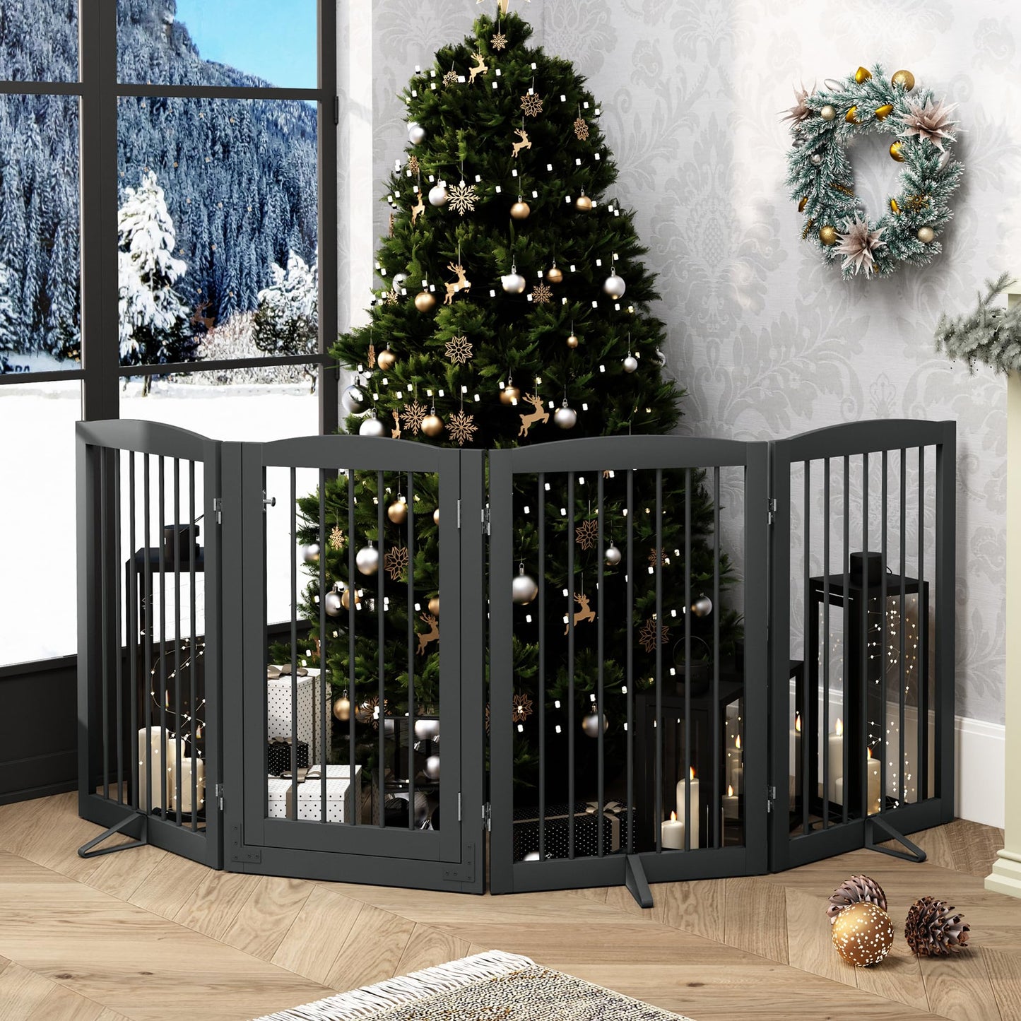 PUPETPO Freestanding Dog Gates with Door Walk Through, Pet Gate for Stairs, 80 inch Wide Gates Indoor, Dog Fences Indoor, Support Feet Included, 4 Panels, 32" Tall, Grey