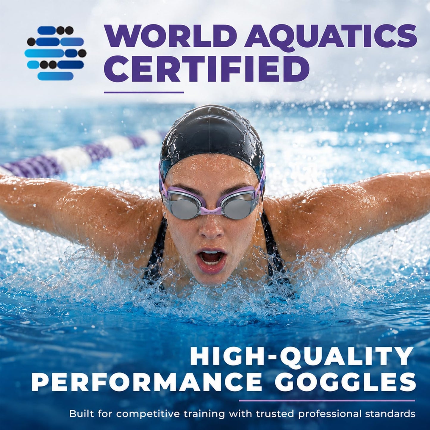 WATER TIME Navy & Neon Yellow Swim Goggles Swipe Anti-Fog REVO Mirrored Lens No Leak UV Protection for Competition Training
