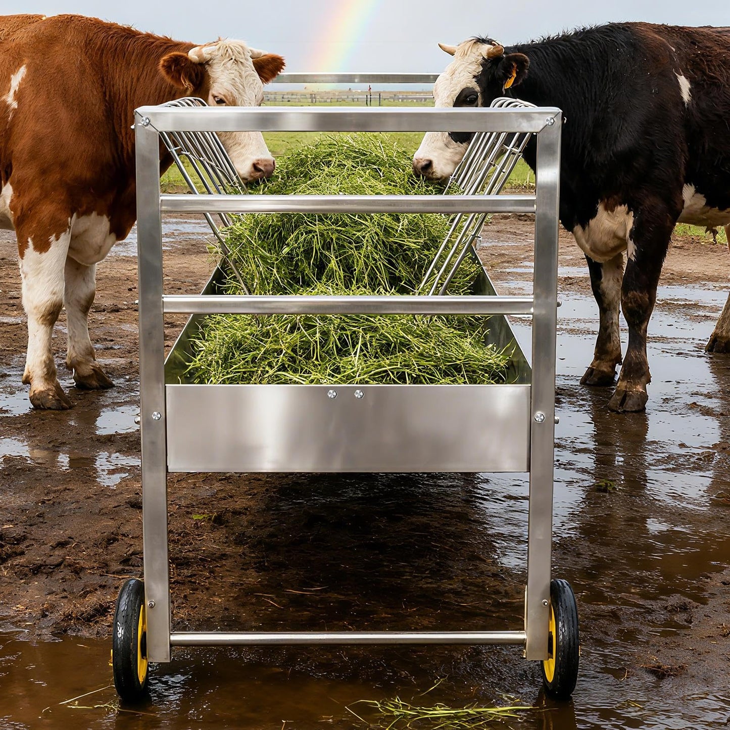 Goat Hay Feeder with Wheels, Goat Feeder 2‑in‑1 Galvanized Steel Heavy‑Duty Design, Large Capacity Rust‑Proof Livestock Feeder, Easy to Clean Mobile Cart for Goats, Sheep, Horses & Ponies