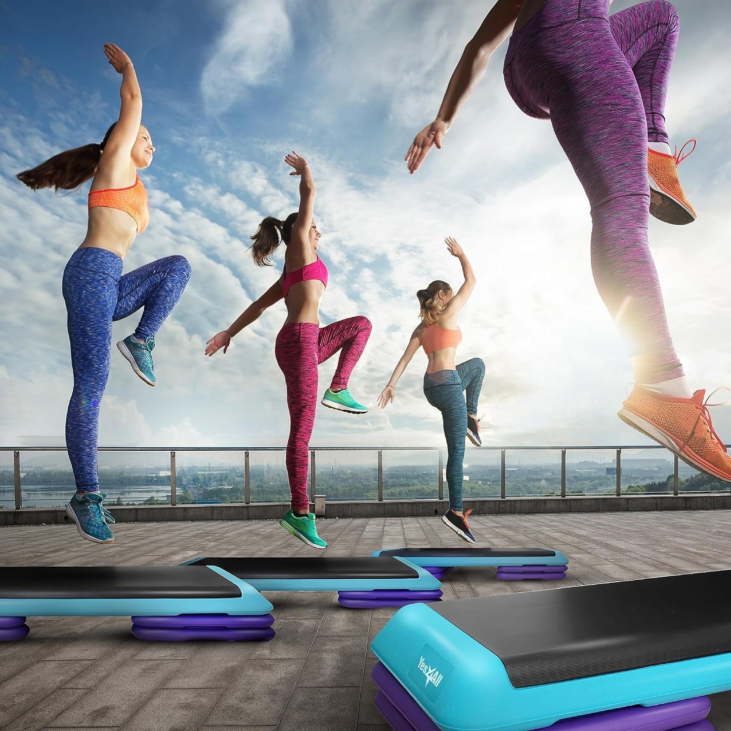 Yes4All Adjustable Workout Aerobic Exercise Step Platform Health Club Size with 4 Adjustable Risers Included and Greater Risers Options - Teal Purple