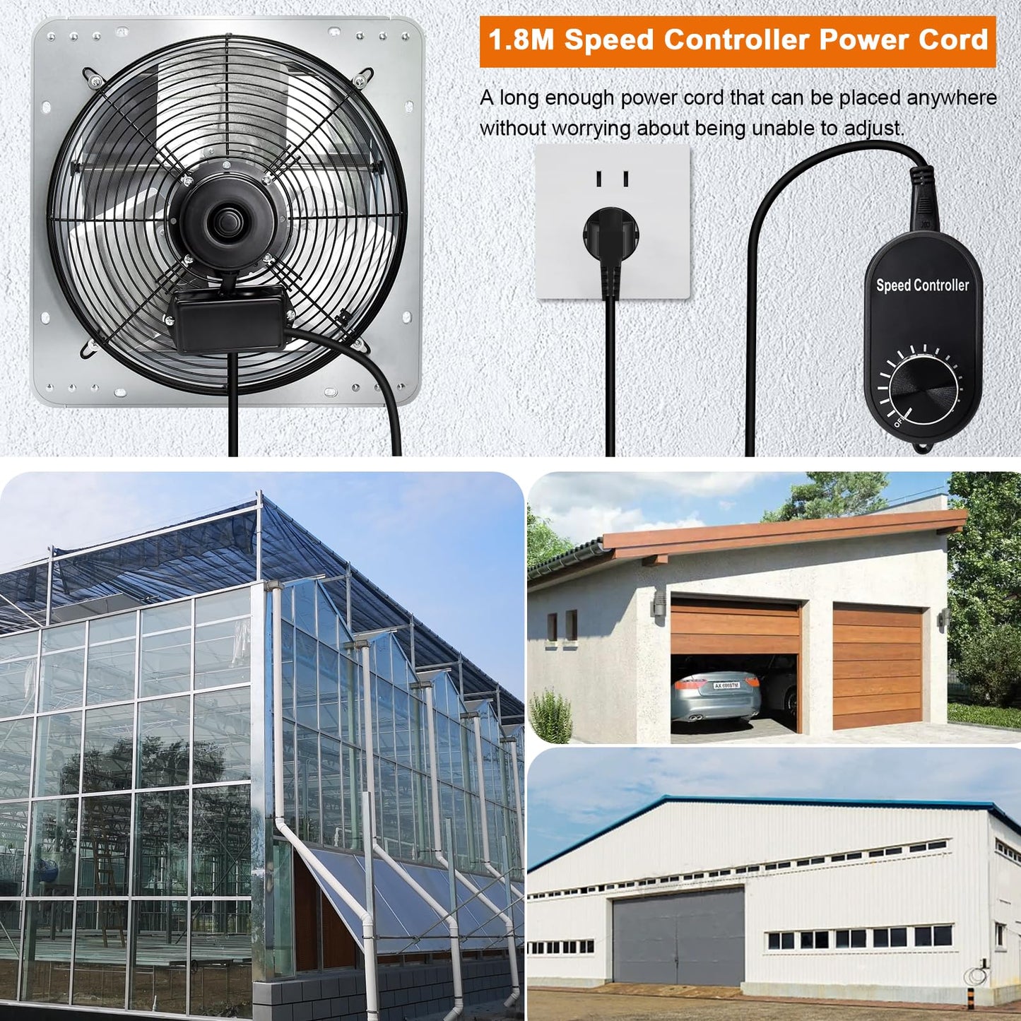 Hiorucet 14 Inch Shutter Exhaust Fan Wall Mounted, High Performance Low Noise Garage Louvered Exhaust Fan with Speed Controller and Power Cord Kit for Greenhouse, Shop, Attics, Chicken Coop, Basement.