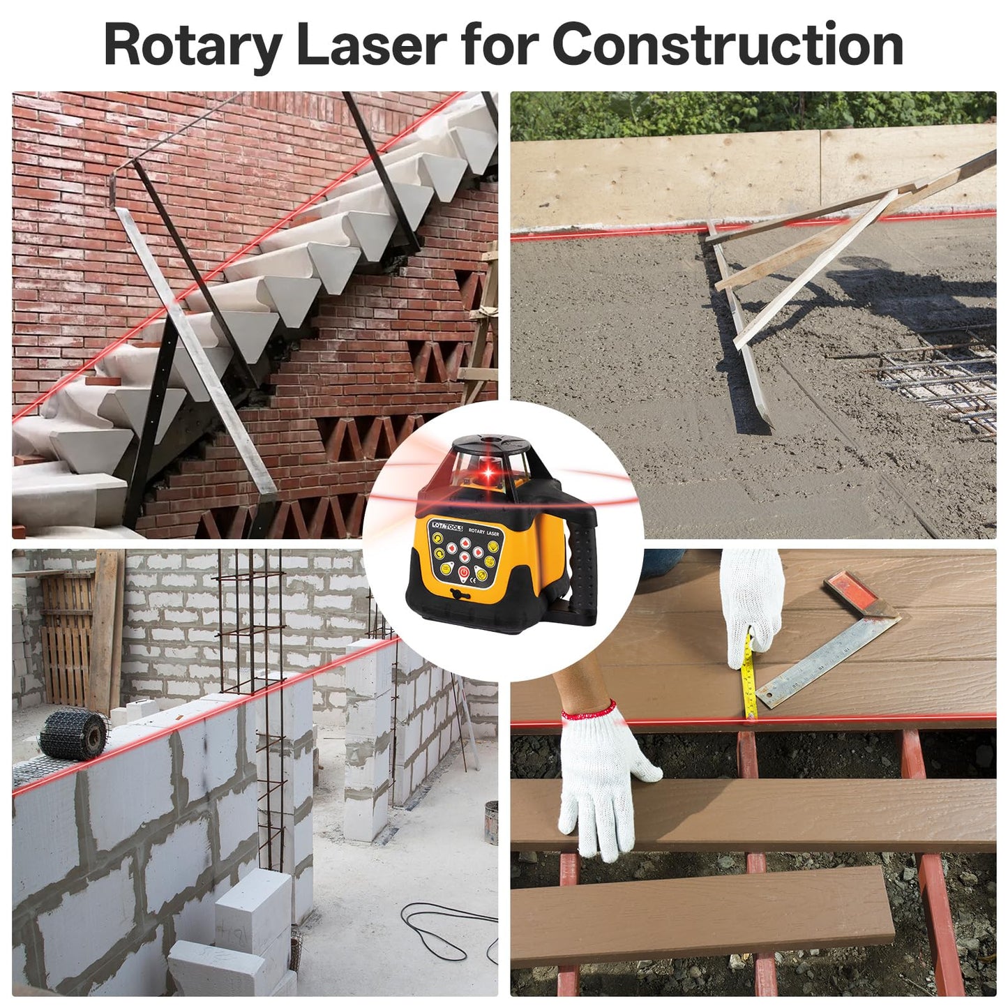 LotaTools Self-Leveling Rotary Laser Level Kit, Class II ≤ 5 mW Red Laser, 2000 ft Range with Receiver, ±1/8" Accuracy at 100 ft, IP66 Waterproof, Includes Tripod & Grade Rod