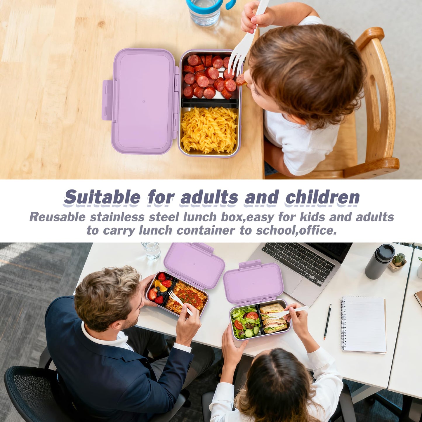 Reeple Stainless Steel Lunch Box, Leak-Proof Metal Bento Box with Adjustable Divider, Lunch Container for School Office Picnics & Travel, Microwave-Safe, Purple