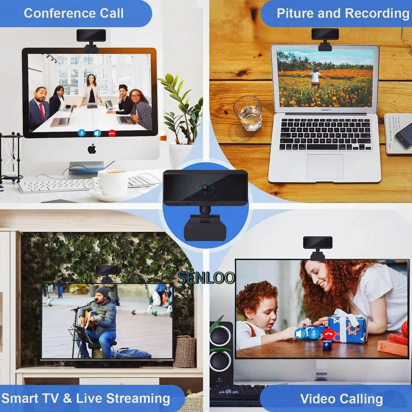 SENLOO 1080P Full HD Webcam - Webcam for Pc - Auto Focus Webcams - Wide Angle Camera with Built-in Dual Mic for Laptop